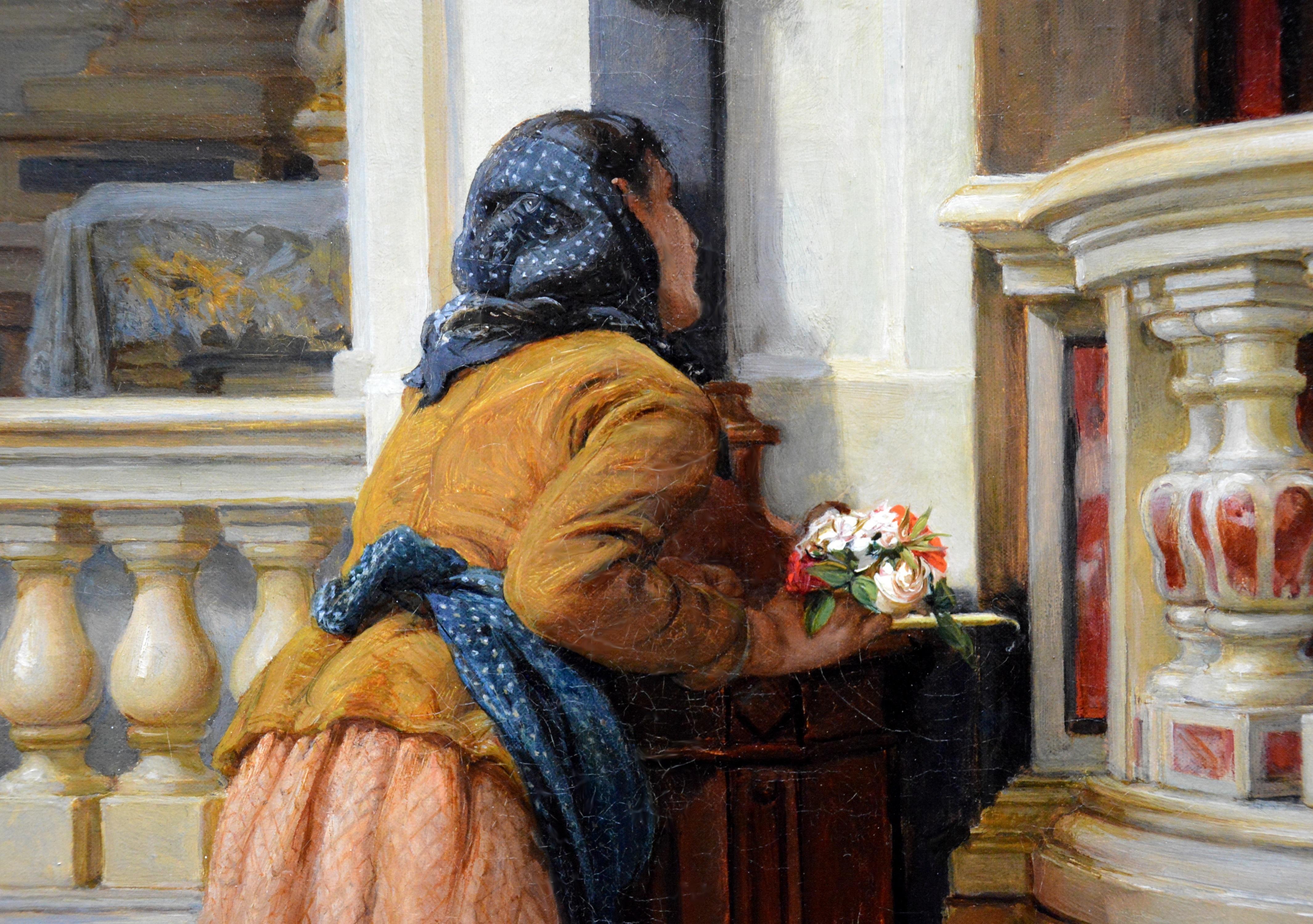 This is a fine 19th century oil on canvas depicting a grateful young mother making ‘A Thank Offering’ before a church altar by the prominent Victorian subject painter Francis William Warwick Topham (1834-1924). The painting is signed and dated by