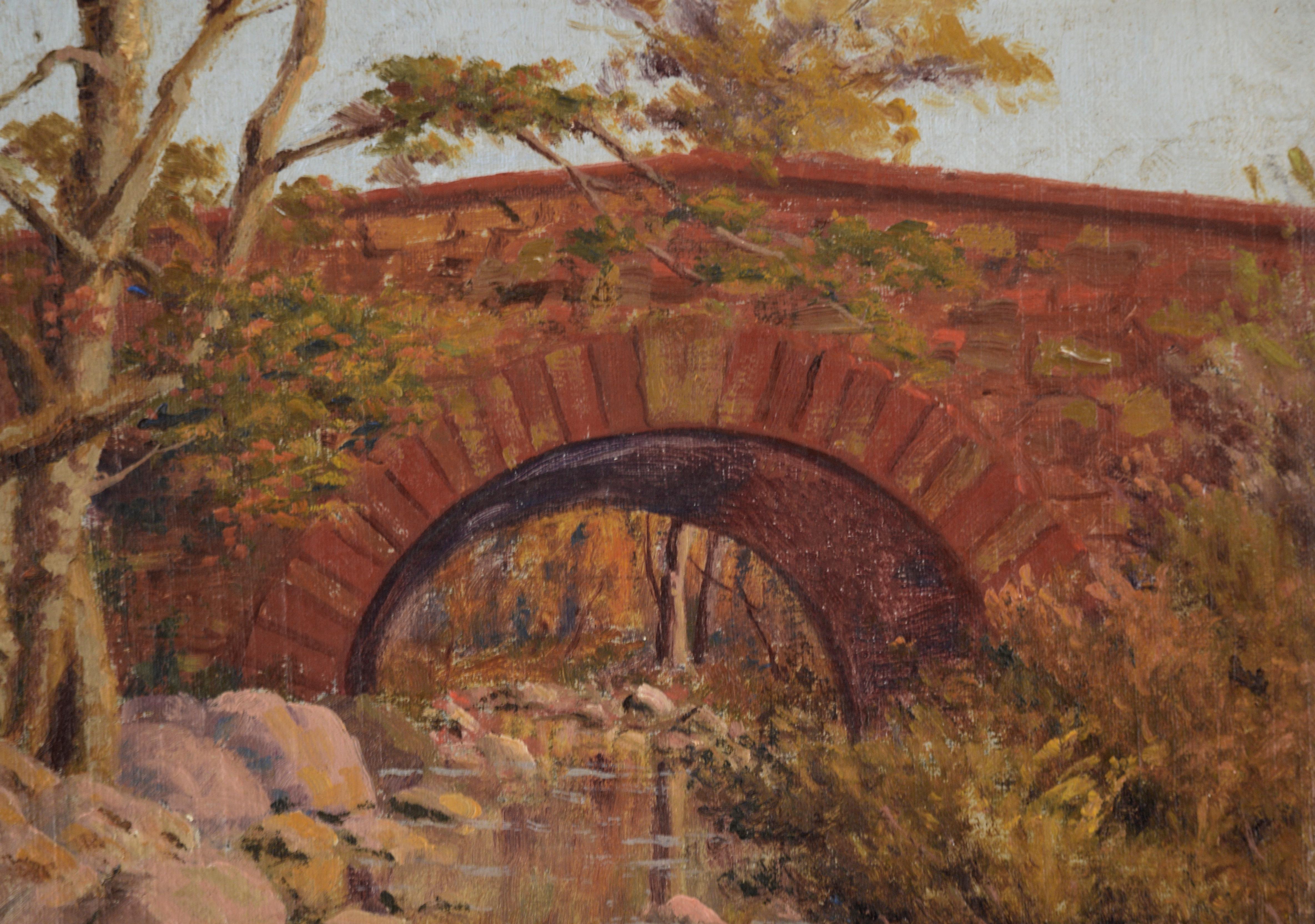Serene landscape of the Putah Creek Bridge (now submerged, also known as Monticello Bridge) by Frank Willson Judd (American, 1864-1940). The Putah Creeks flows beneath an old Closed-spandrel red stone arch bridge 1896-1957 submerged intact beneath