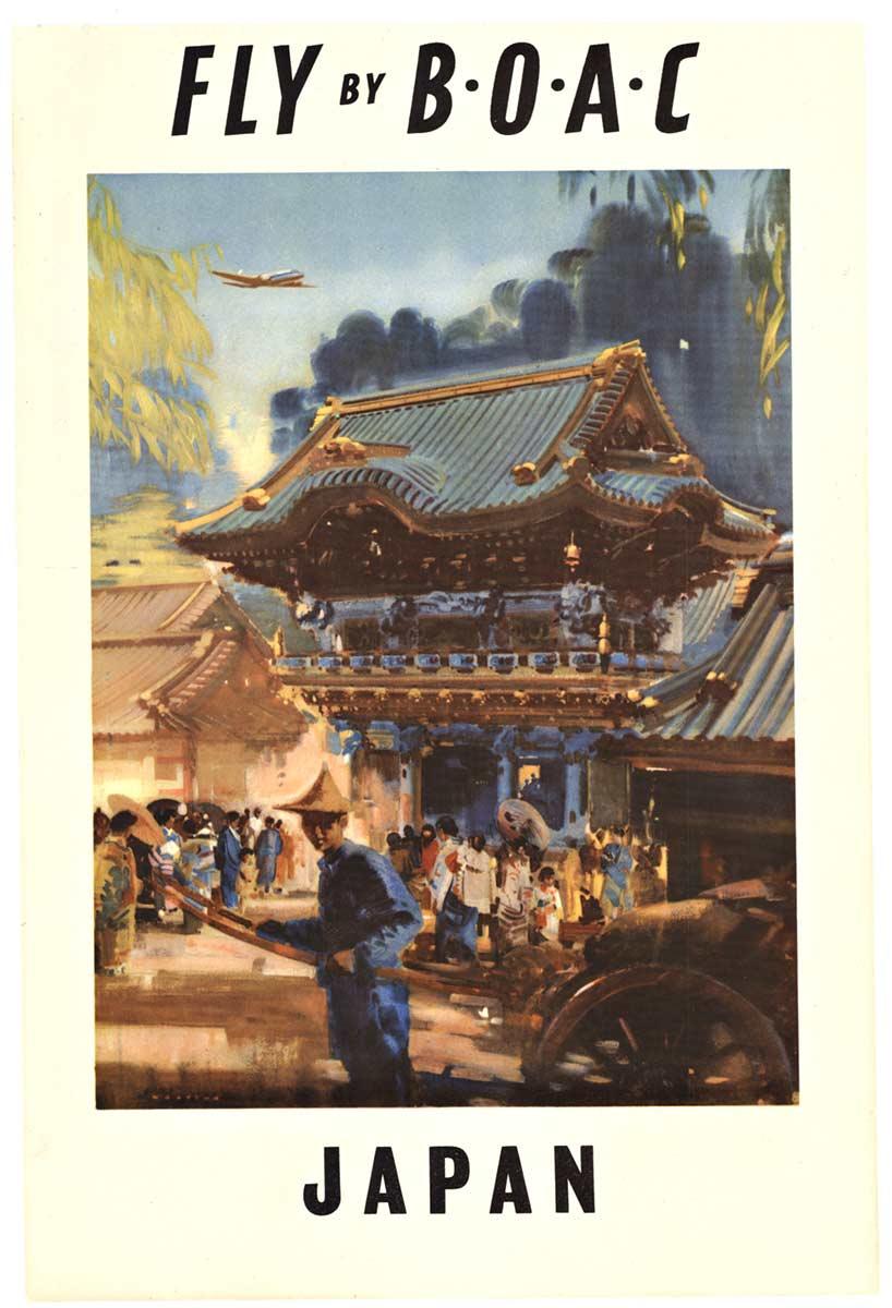Affiche de voyage vintage originale « Bly by BOAC to Japan » - Print de Frank Wootton