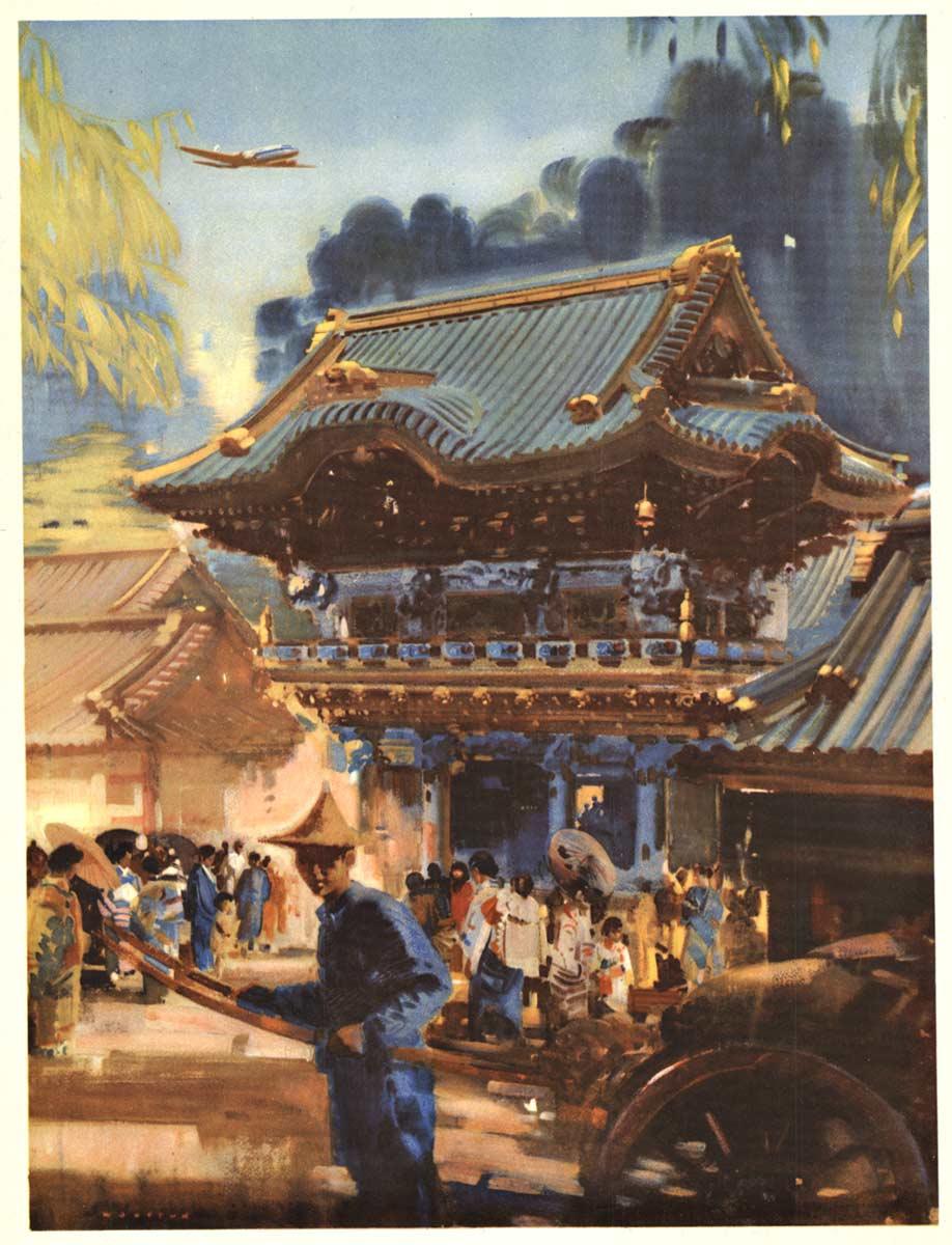 Affiche de voyage vintage originale « Bly by BOAC to Japan » - Modernisme américain Print par Frank Wootton