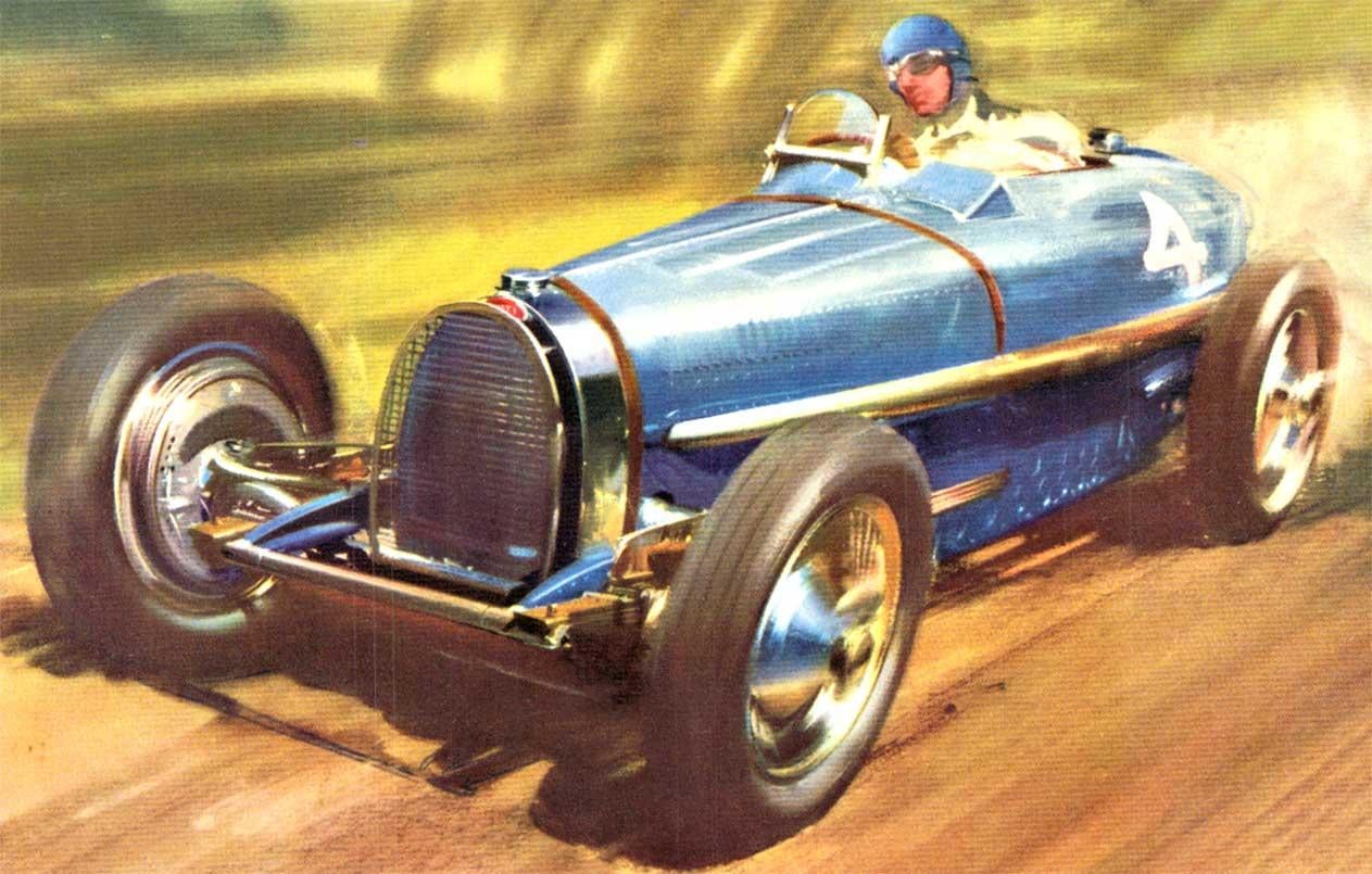 Original Grand Prix Bugatti Type 59, linen backed print  1958 - Print by Frank Wootton