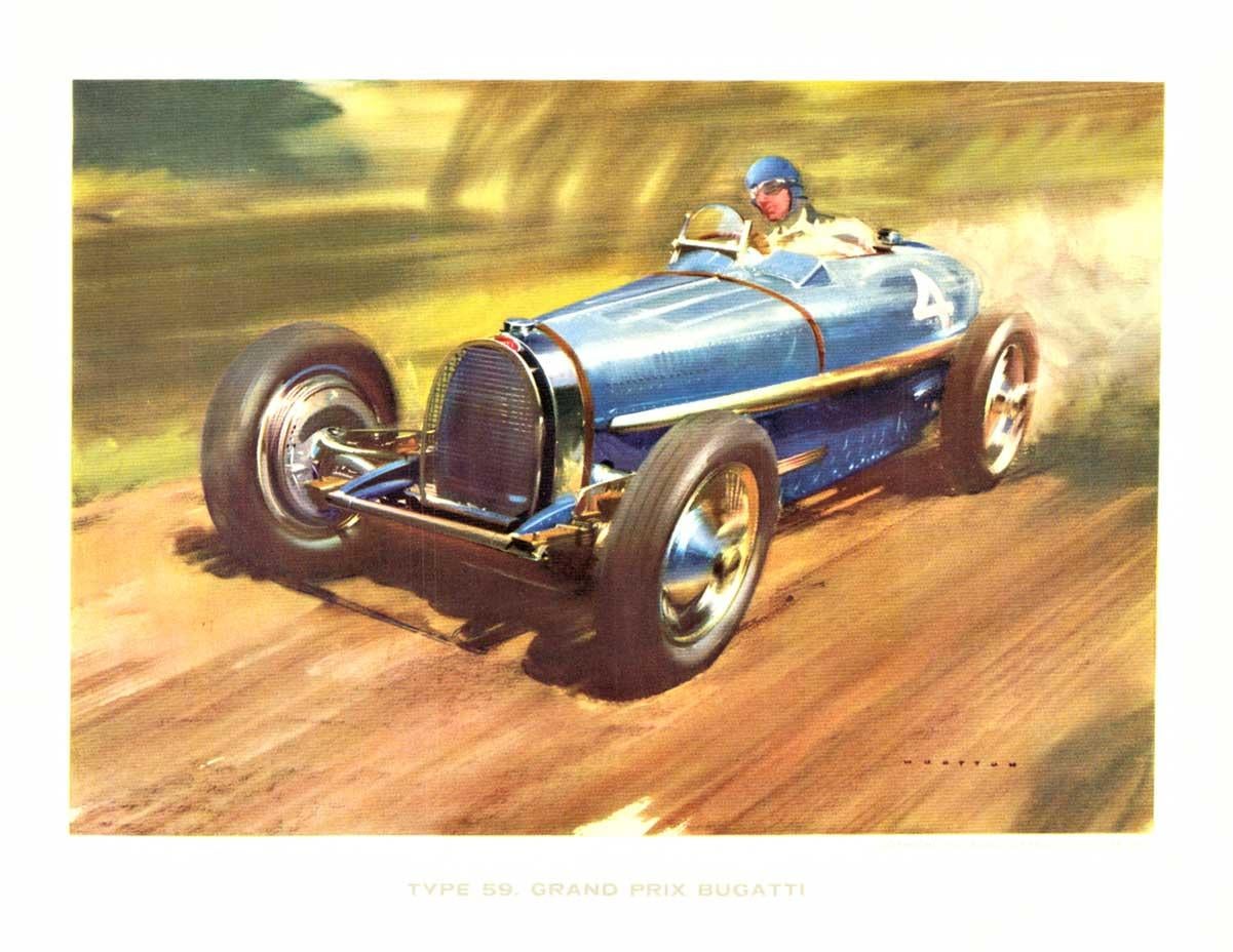 Impression originale Grand Prix Bugatti Type 59, dos en lin  1958 - Modernisme américain Print par Frank Wootton