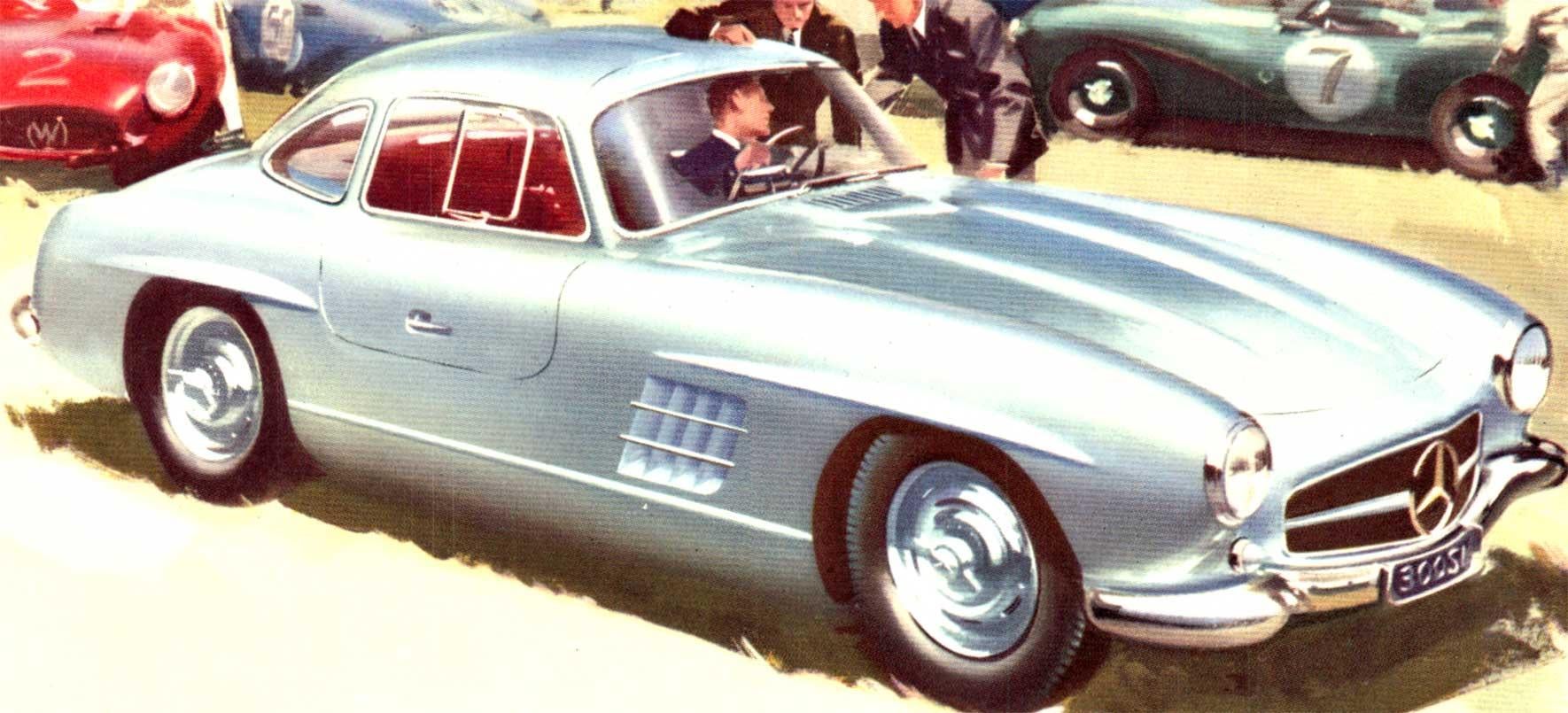 Original Mercedes-Benz Type 300-SL.   Dos toilé, format horizontal, bon état.

Il s'agit d'une reproduction originale de petit format de la voiture de sport Mercedes 300 SL, datant de 1958. Il a été monté sur lin pour les archives.   En bon état,