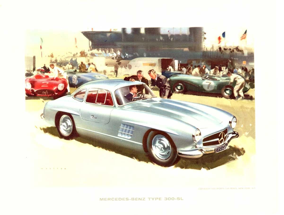 Frank Wootton Figurative Print – Original Mercedes-Benz Typ 300-SL Vintage, Druck, Leinenrückseite, 1958