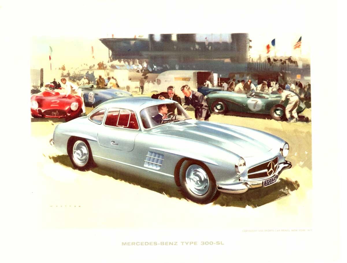 Figurative Print Frank Wootton - Mercedes-Benz Type 300-SL vintage, 1958, imprimé, dos en lin