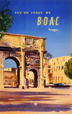 Original Vintage Fly To Italy By BOAC Travel Poster Ft. Rome Colosseum And Arch