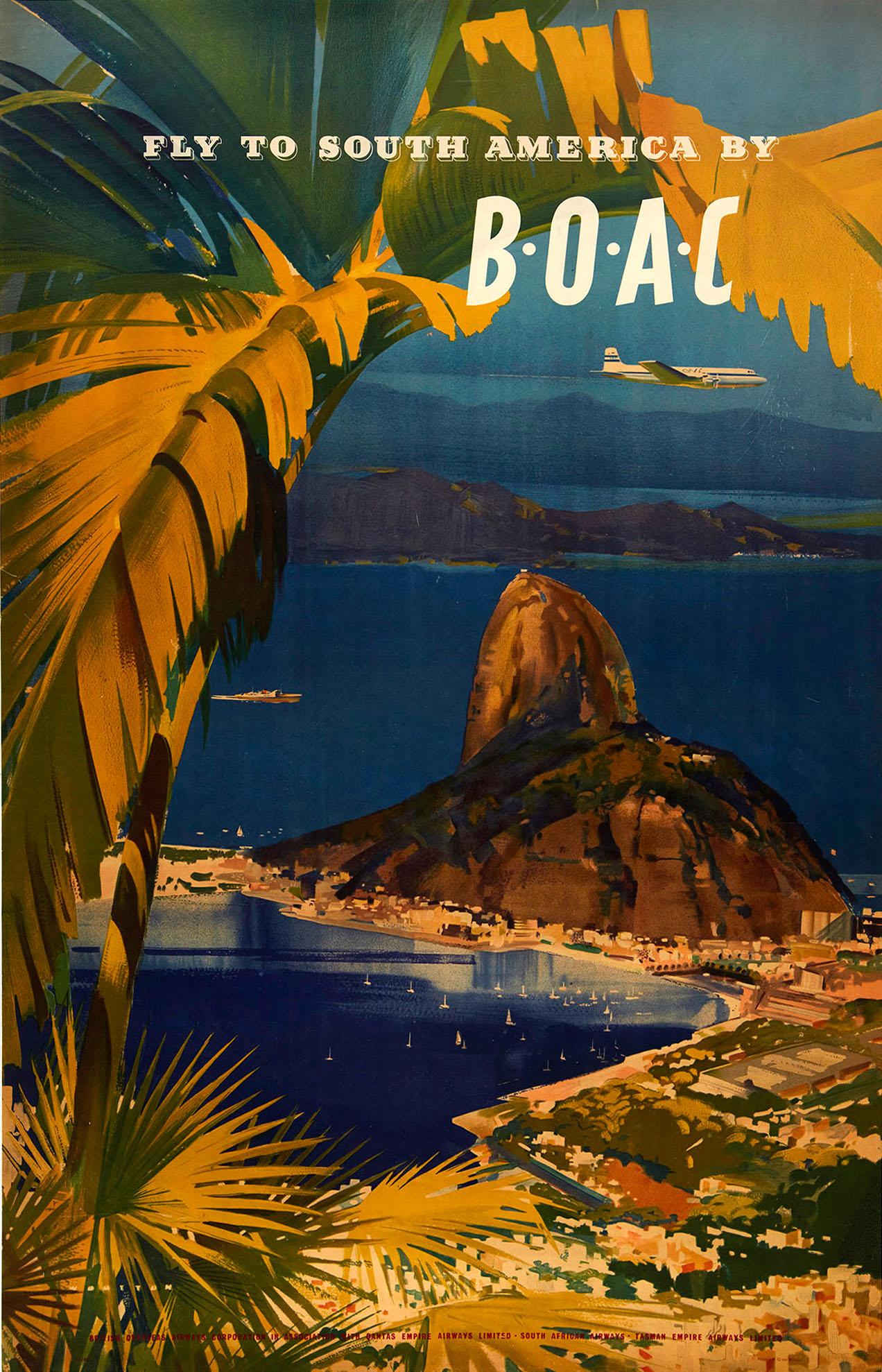 Frank Wootton Print - Original Vintage Poster Fly To South America By BOAC Airline Travel Rio Brazil 
