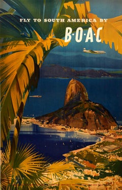 Original Vintage Poster Fly To South America By BOAC Airline Travel Rio Brazil 