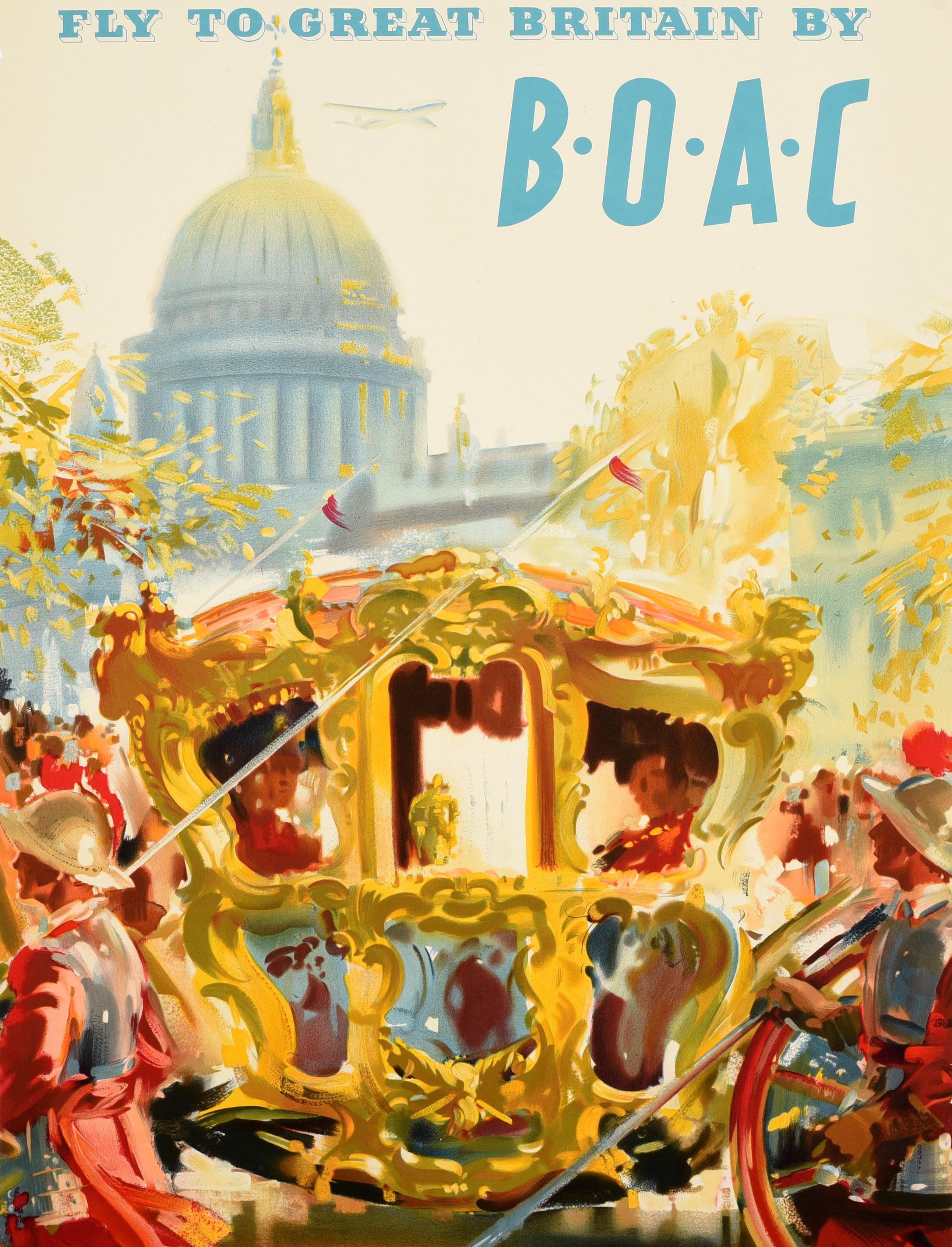 Poster di viaggio originale d'epoca - Fly to Great Britain by BOAC - con la processione dell'annuale Lord Mayor's Show che raffigura la carrozza di Stato del Lord Mayor di Londra che passa davanti alla Cattedrale di St Paul nella City di Londra,