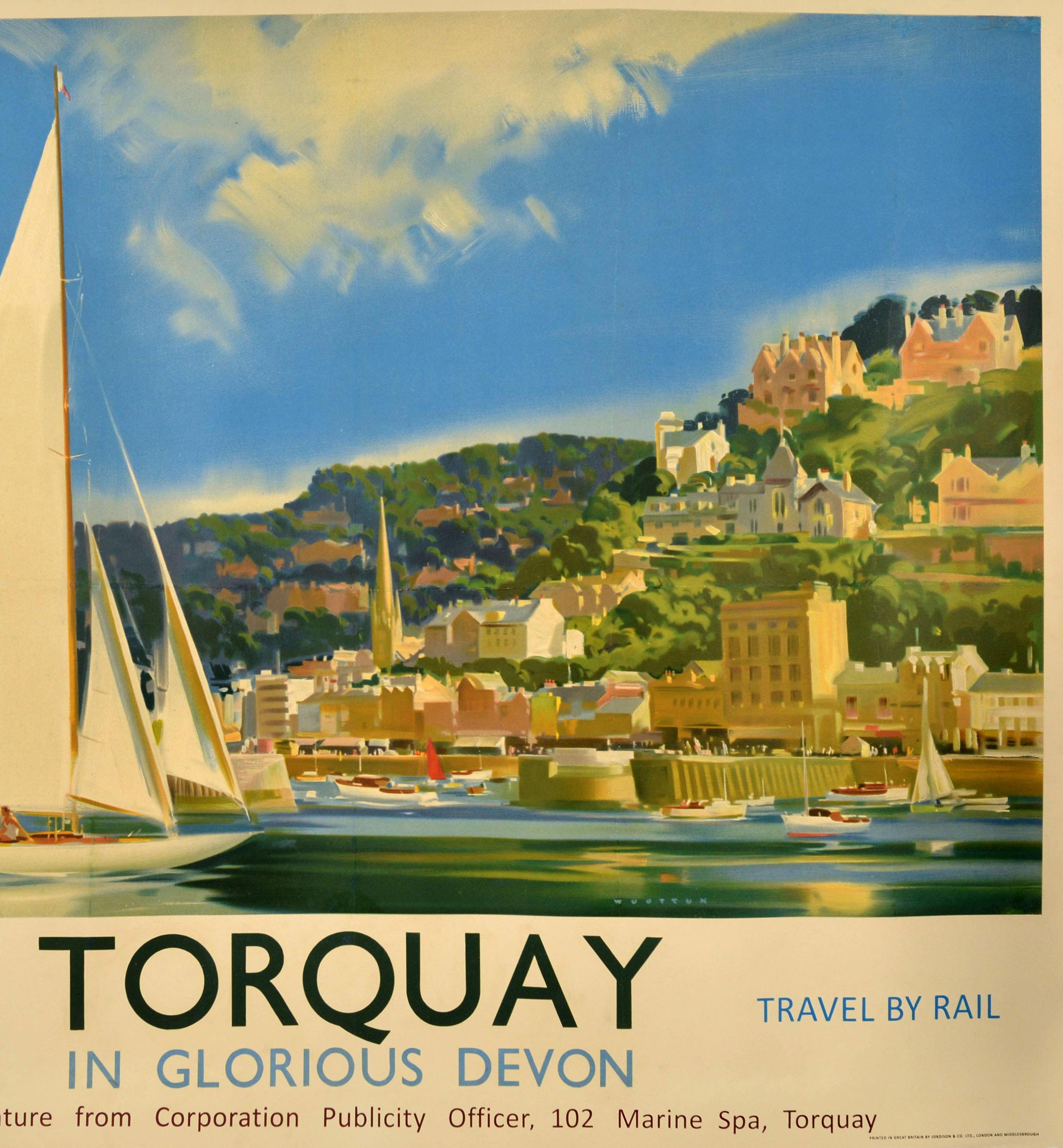 Original vintage British Railways poster for the seaside town of Torquay in Glorious Devon featuring stunning artwork by the notable British painter and illustrator Frank Wootton (1911-1998) depicting a colourful sunny view of people on a sailing