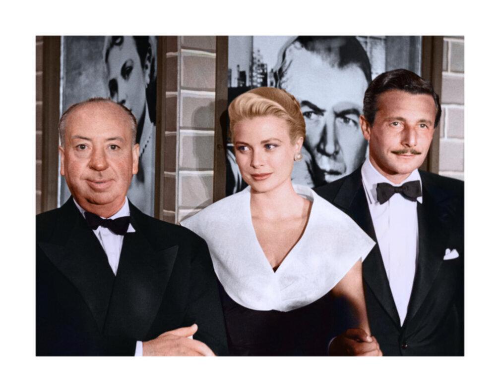 Alfred Hitchcock, Grace Kelly, and Oleg Cassini at the Premier of Rear Window