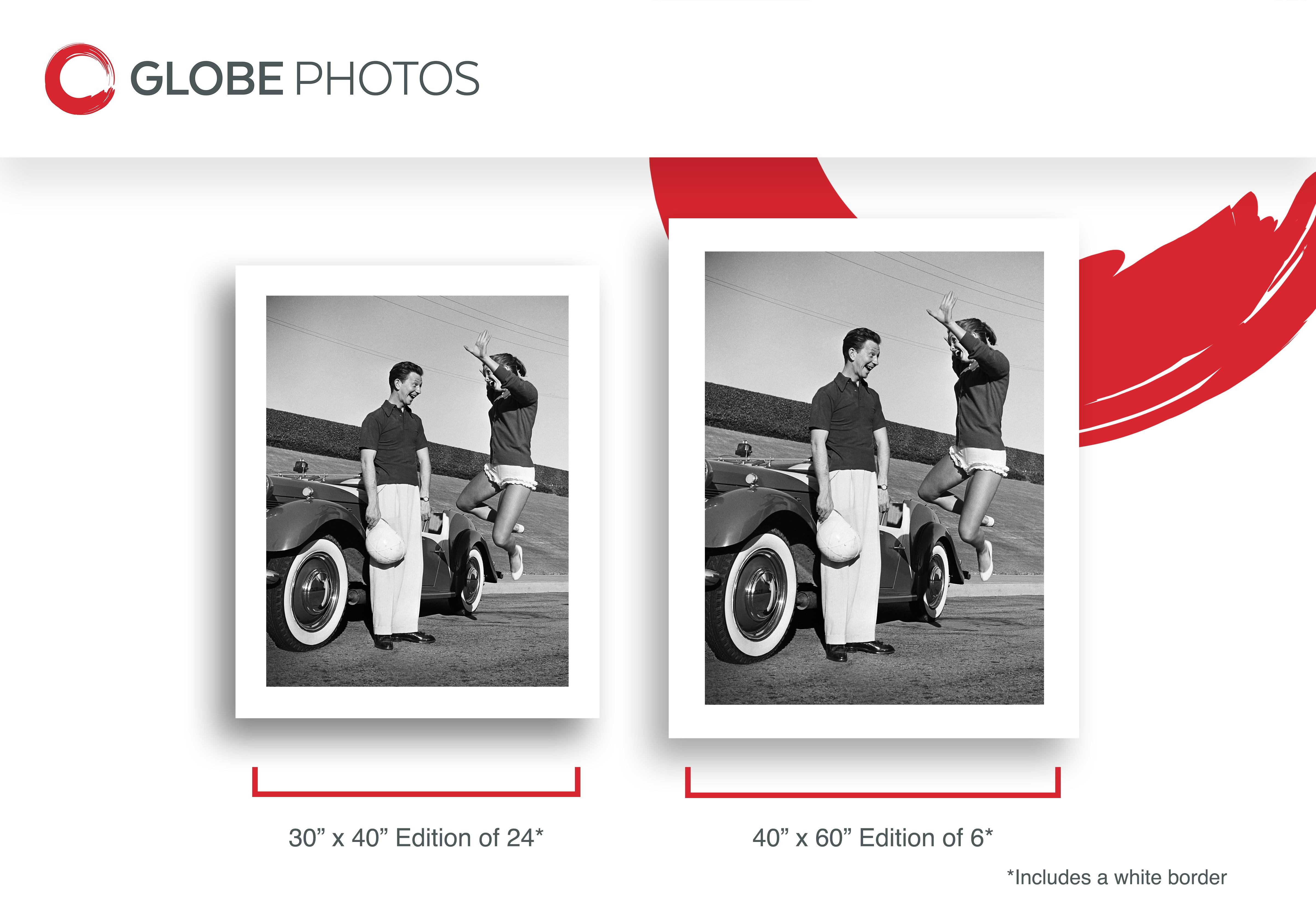 This black and white action shot features Donald O'Connor standing by car and Debbie Reynolds in mid-jump.
 
Debbie Reynolds was an American actress, singer, and businesswoman. Her career spanned almost 70 years. She was nominated for the Golden