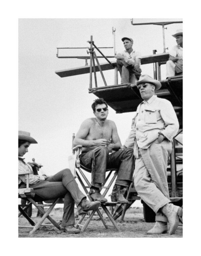 Frank Worth Black and White Photograph - Elizabeth Taylor, Rock Hudson, and George Stevens on the Set of Giant
