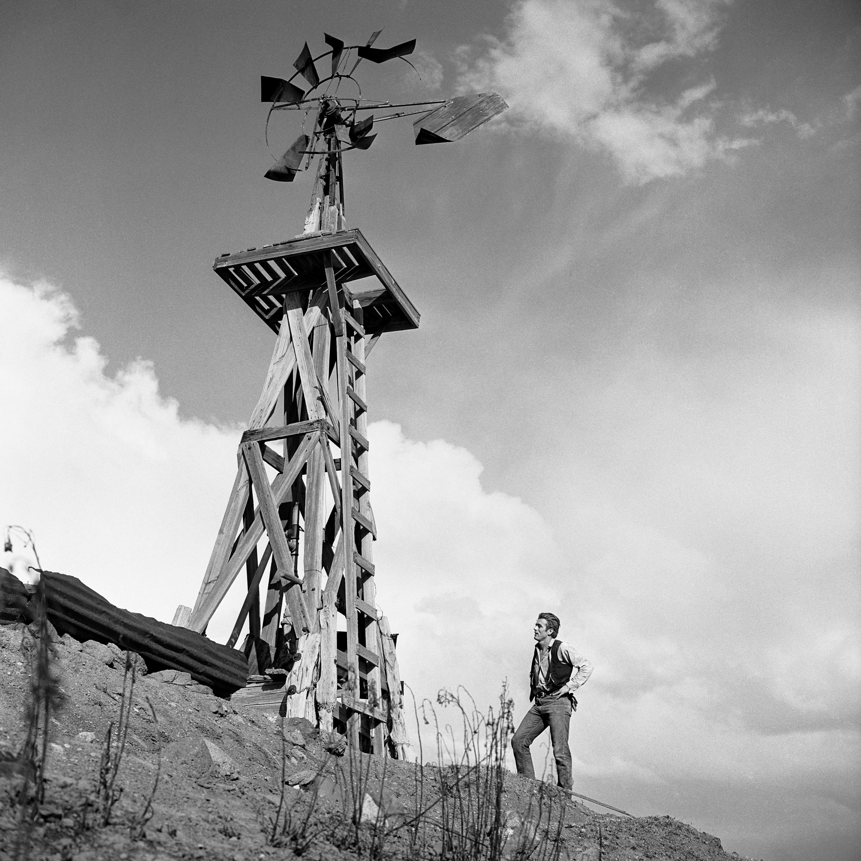 Frank Worth Black and White Photograph - James Dean with Windmill in "Giant" 20" x 20" (Edition of 24) 