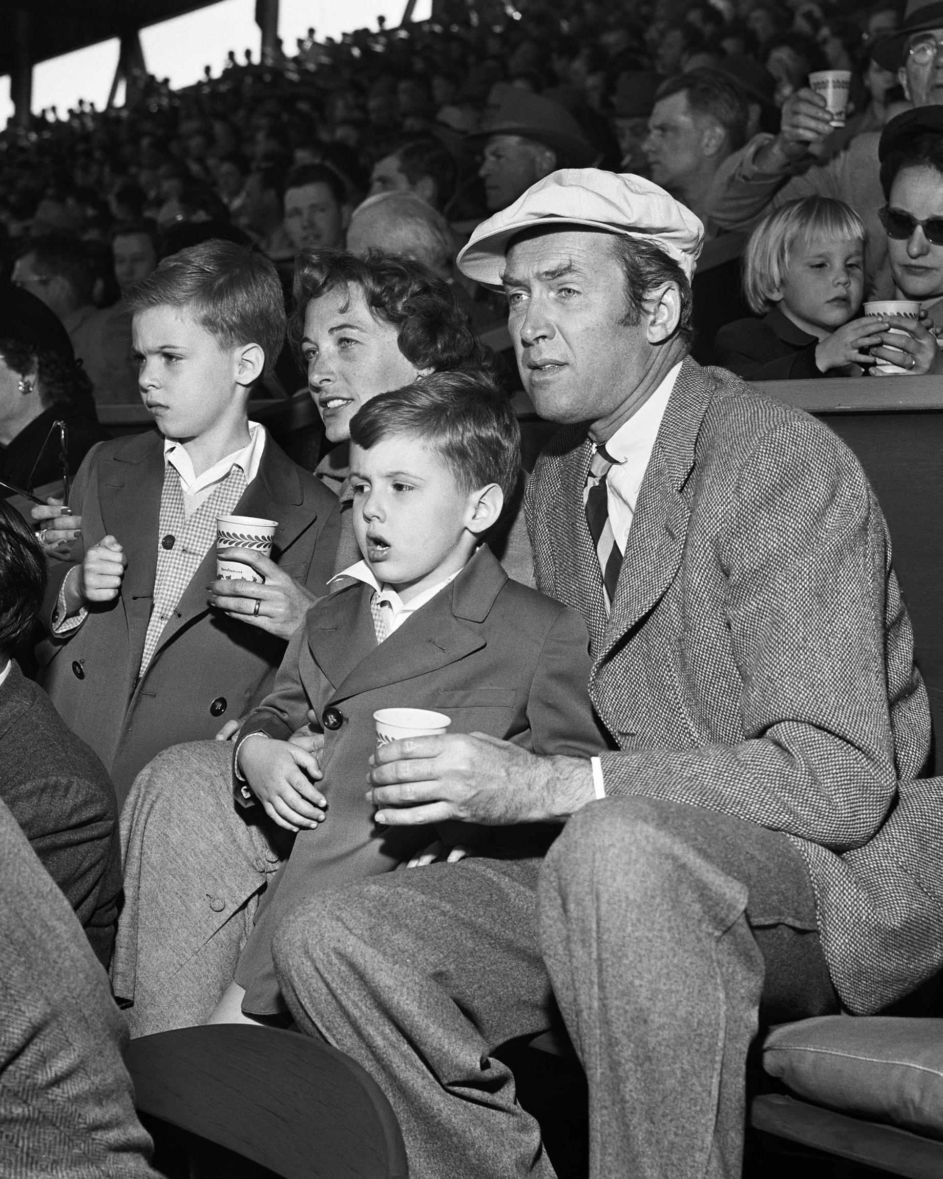 Frank Worth Black and White Photograph - Jimmy Stewart and Family at Baseball Game
