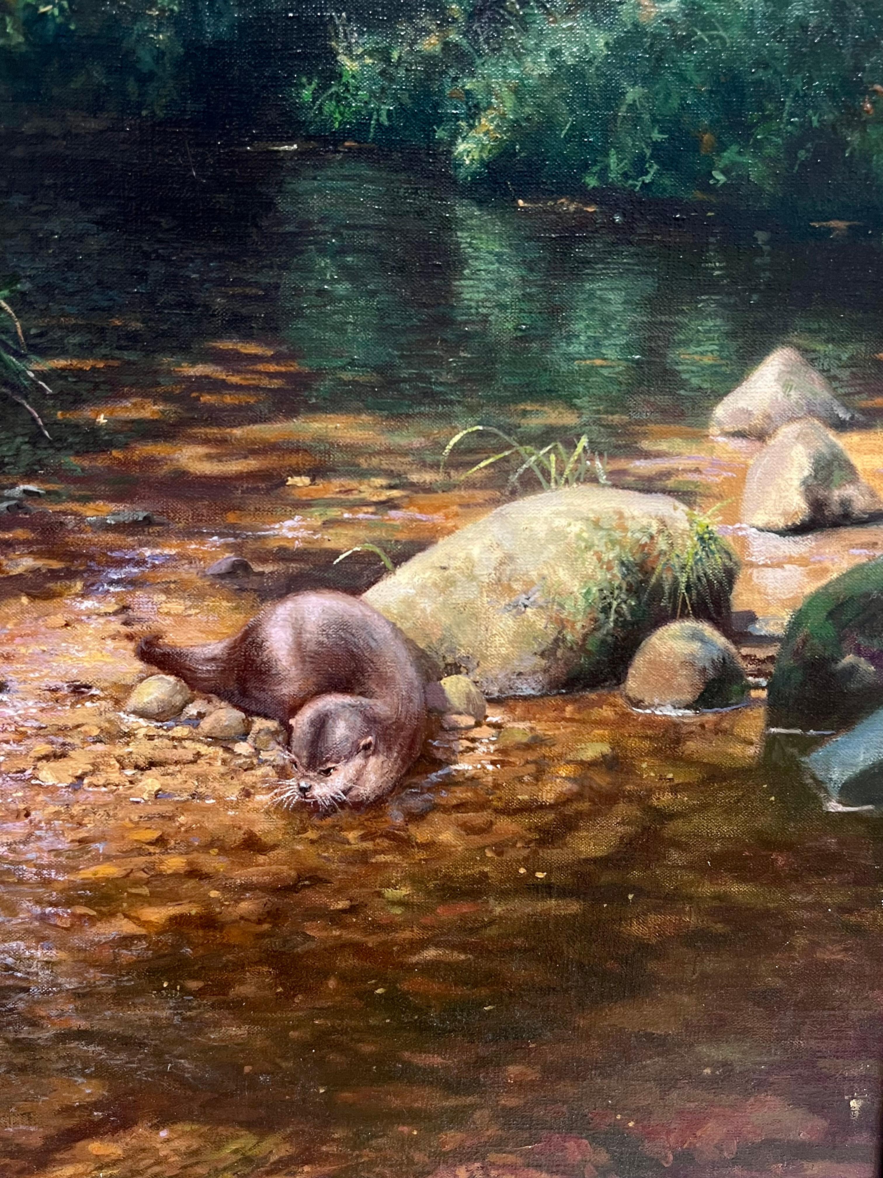Feines englisches Ölgemälde Otter im schnell fließenden Bach Dappled Light Signiert (Englische Schule), Painting, von Frank Wright