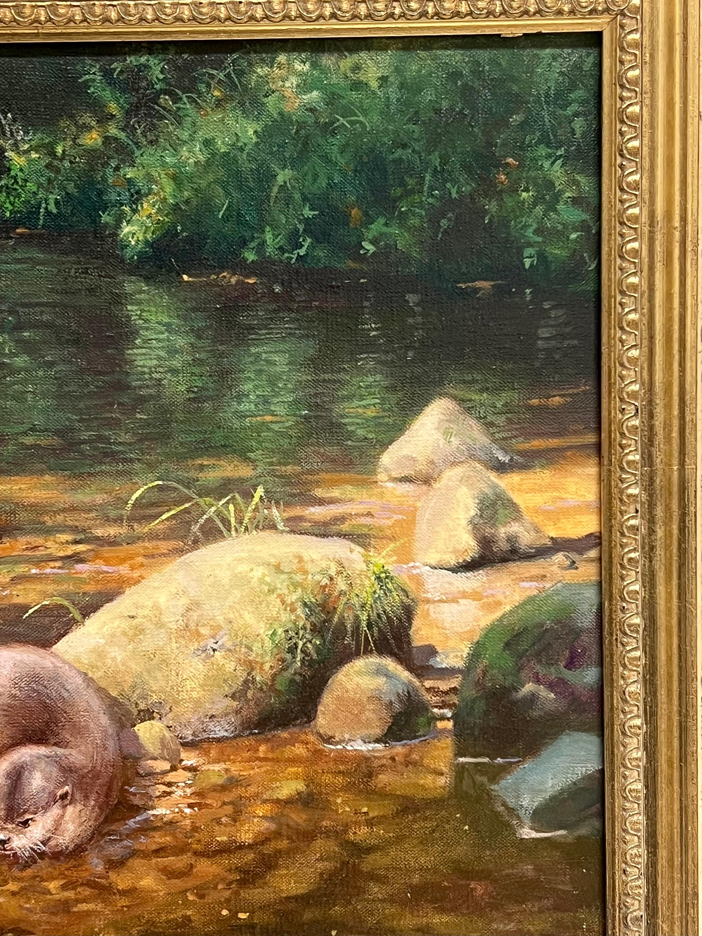 Feines englisches Ölgemälde Otter im schnell fließenden Bach Dappled Light Signiert im Angebot 2