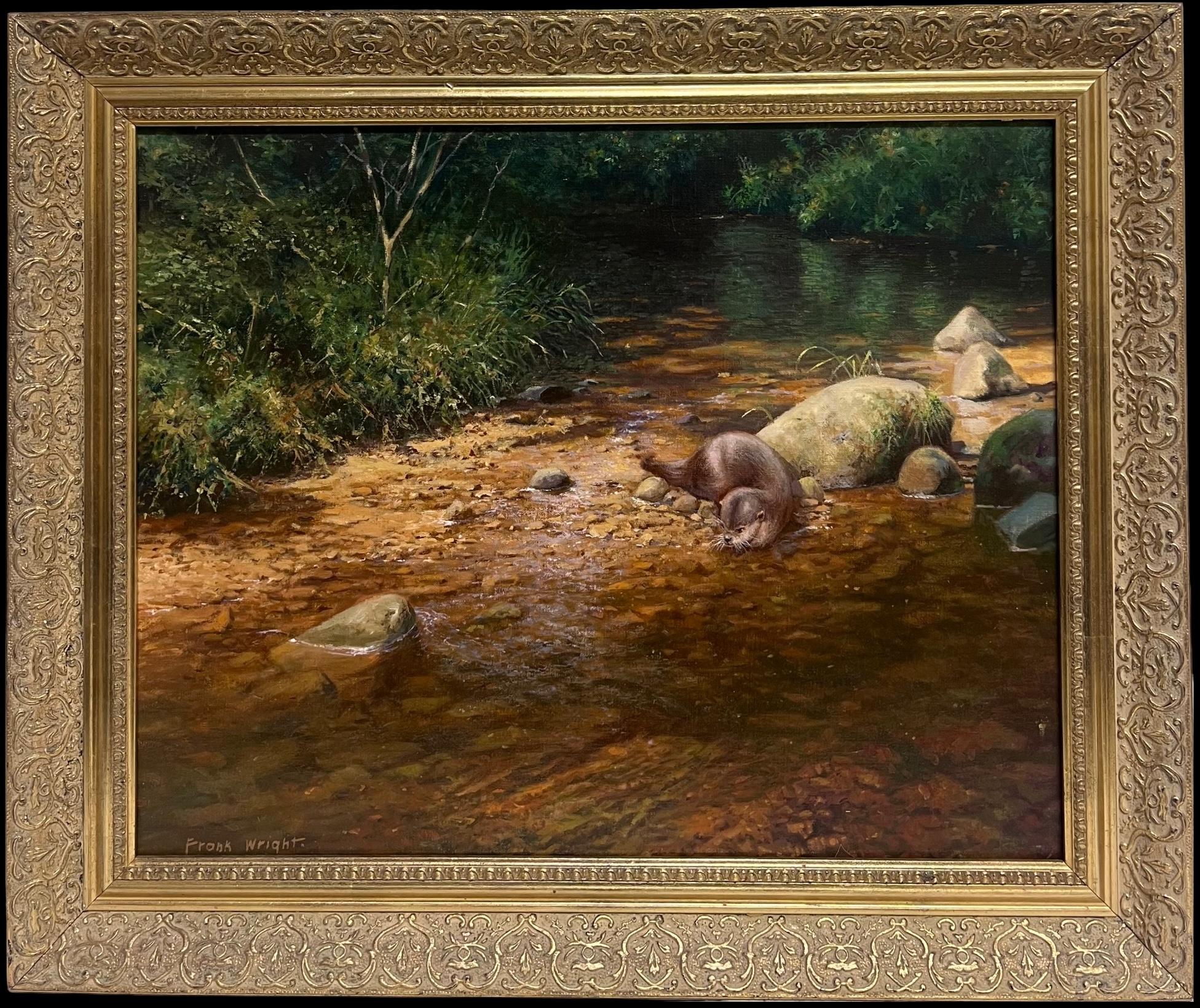 Frank Wright Animal Painting – Feines englisches Ölgemälde Otter im schnell fließenden Bach Dappled Light Signiert
