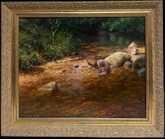 Fine English Oil Painting Otter in Fast Flowing Stream Dappled Light Signed