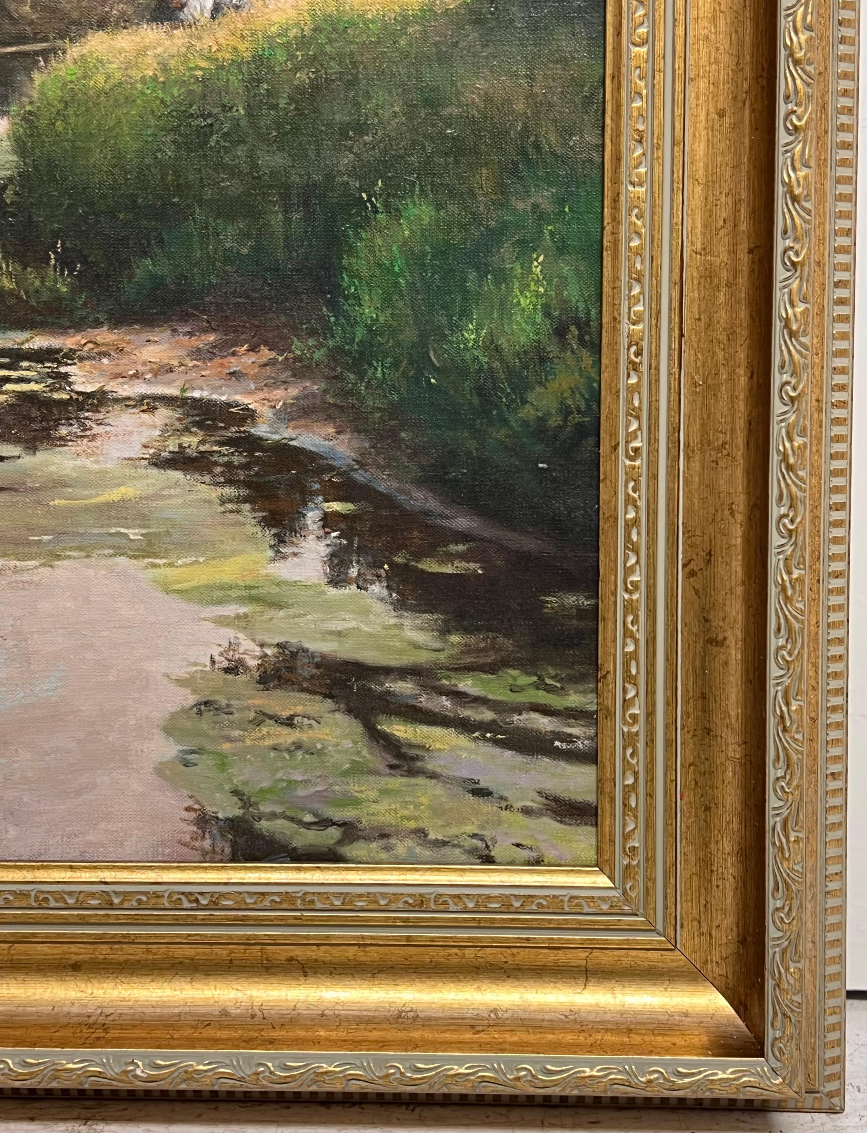 Fine English Impressionist Signed Oil Lovers on River Bank Dappled Light Fields For Sale 5