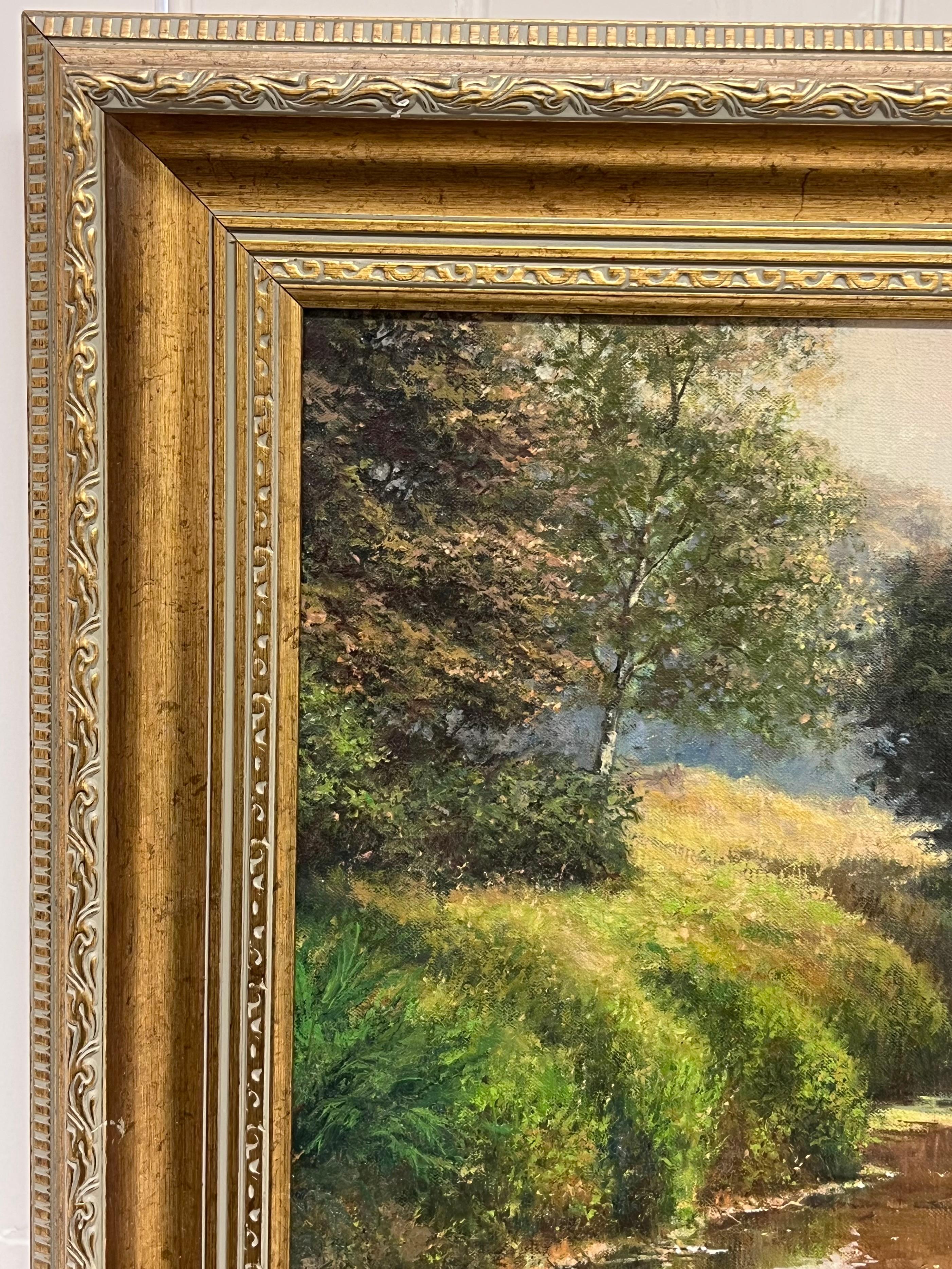Fine English Impressionist Signed Oil Lovers on River Bank Dappled Light Fields For Sale 6