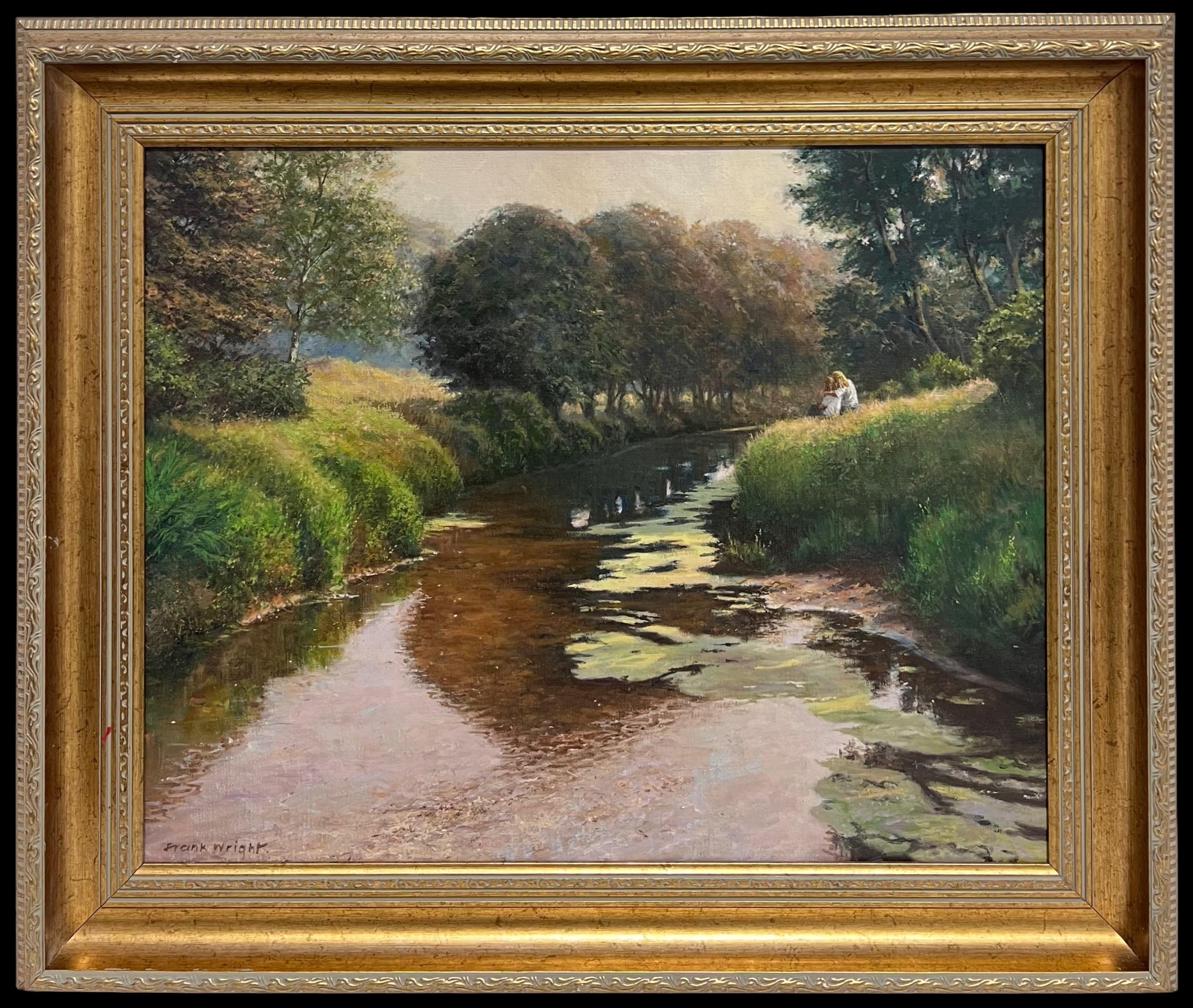 Fine English Impressionist Signed Oil Lovers on River Bank Dappled Light Fields - Painting by Frank Wright