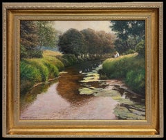 Fine English Impressionist Signed Oil Lovers on River Bank Dappled Light Fields