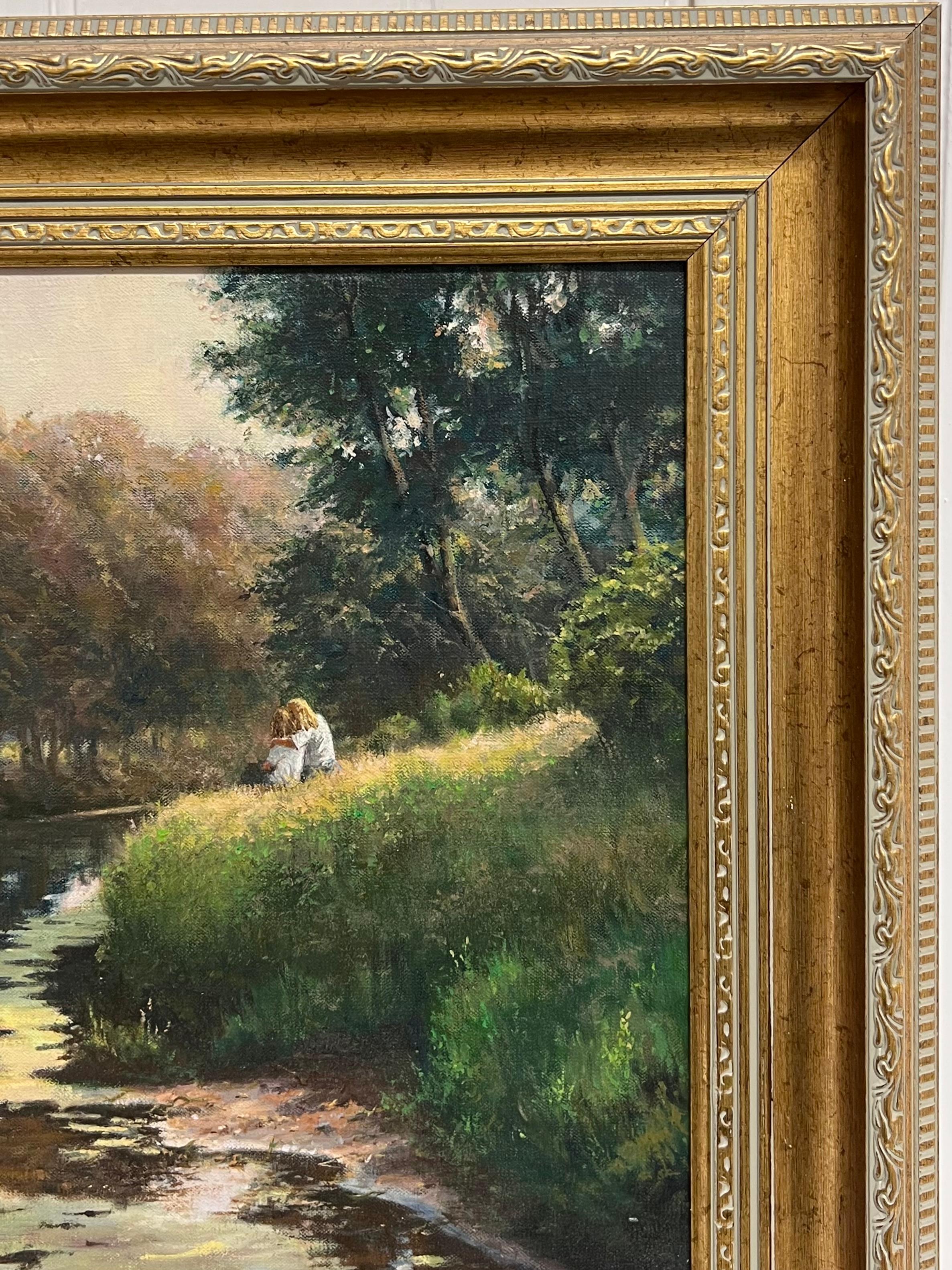Fine English Impressionist Signed Oil Lovers on River Bank Dappled Light Fields - English School Painting by Frank Wright