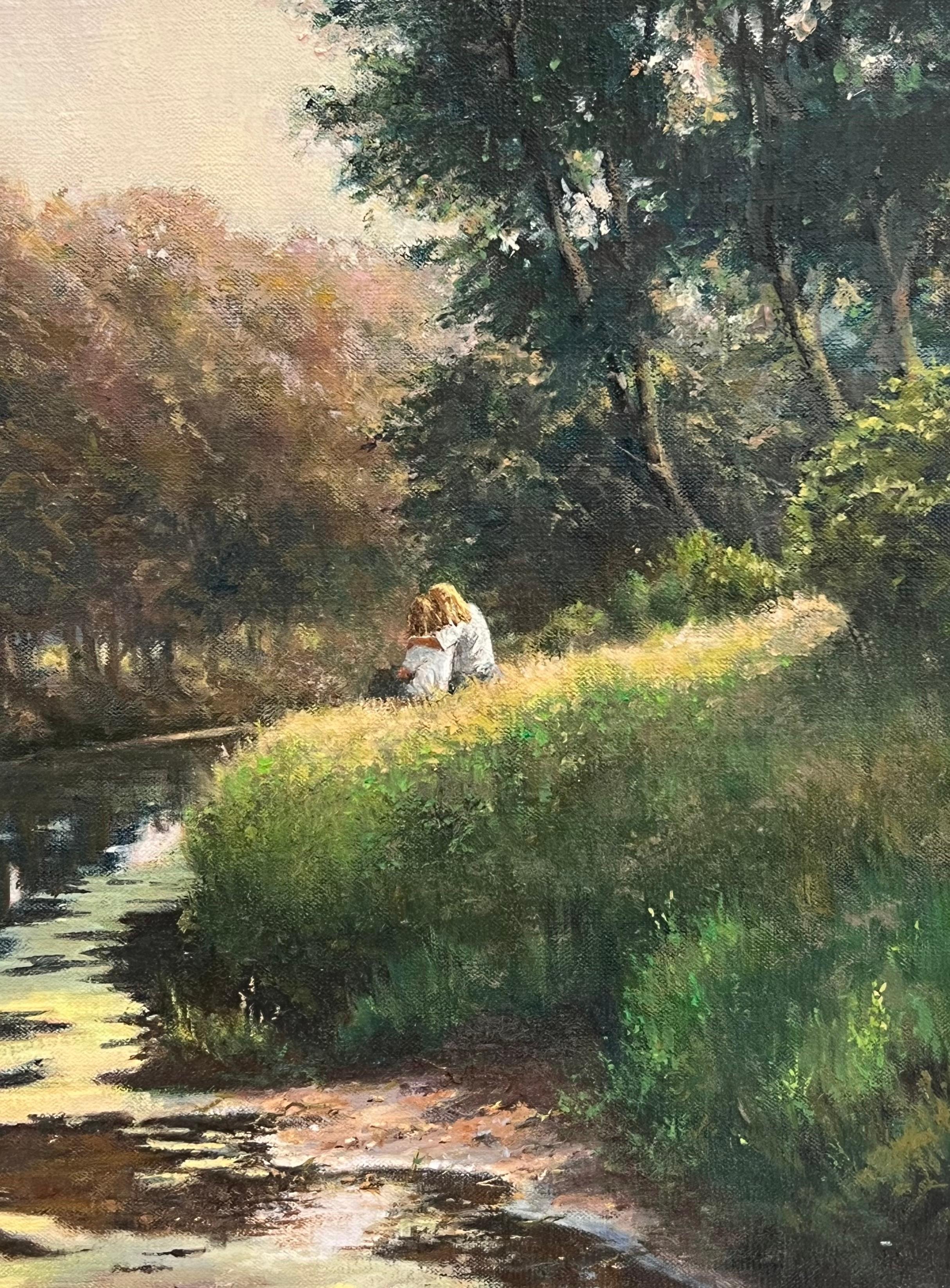 Fine English Impressionist Signed Oil Lovers on River Bank Dappled Light Fields - Brown Landscape Painting by Frank Wright
