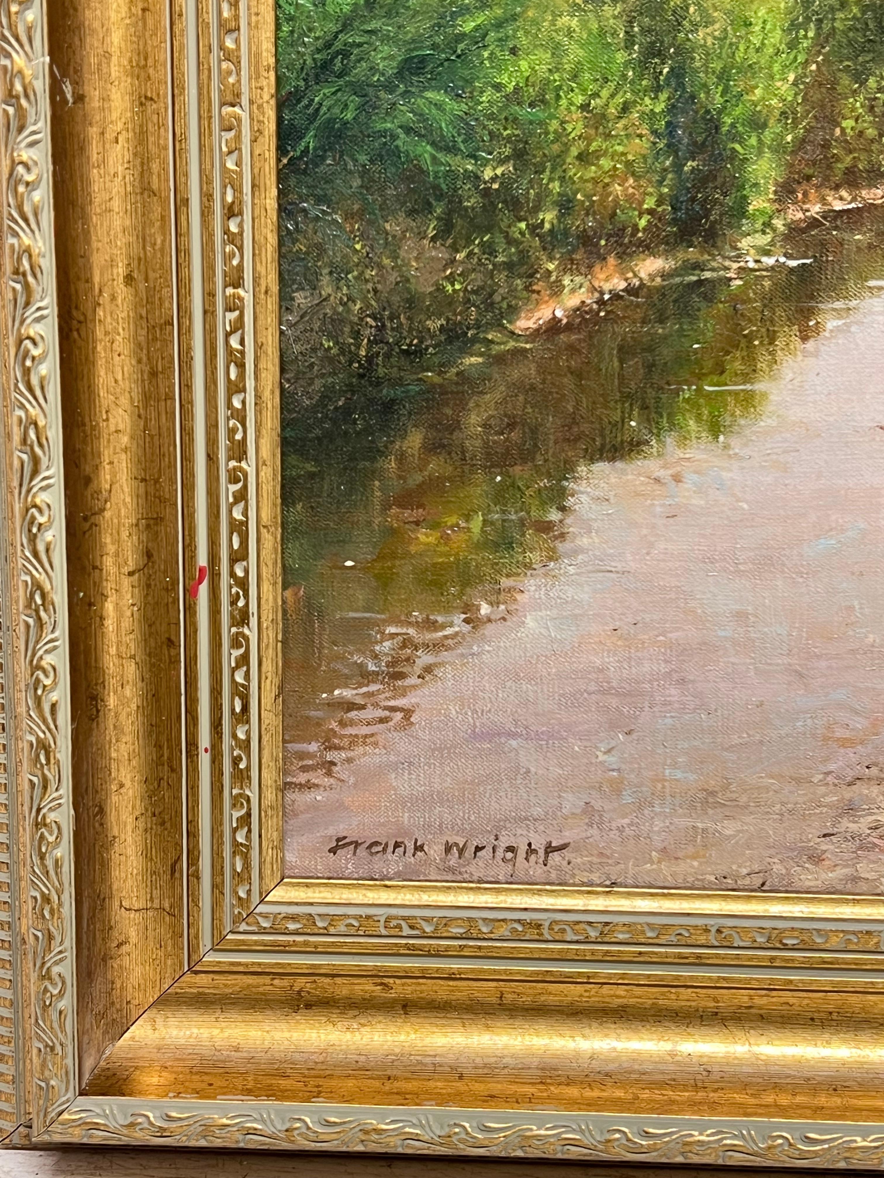 Fine English Impressionist Signed Oil Lovers on River Bank Dappled Light Fields For Sale 1