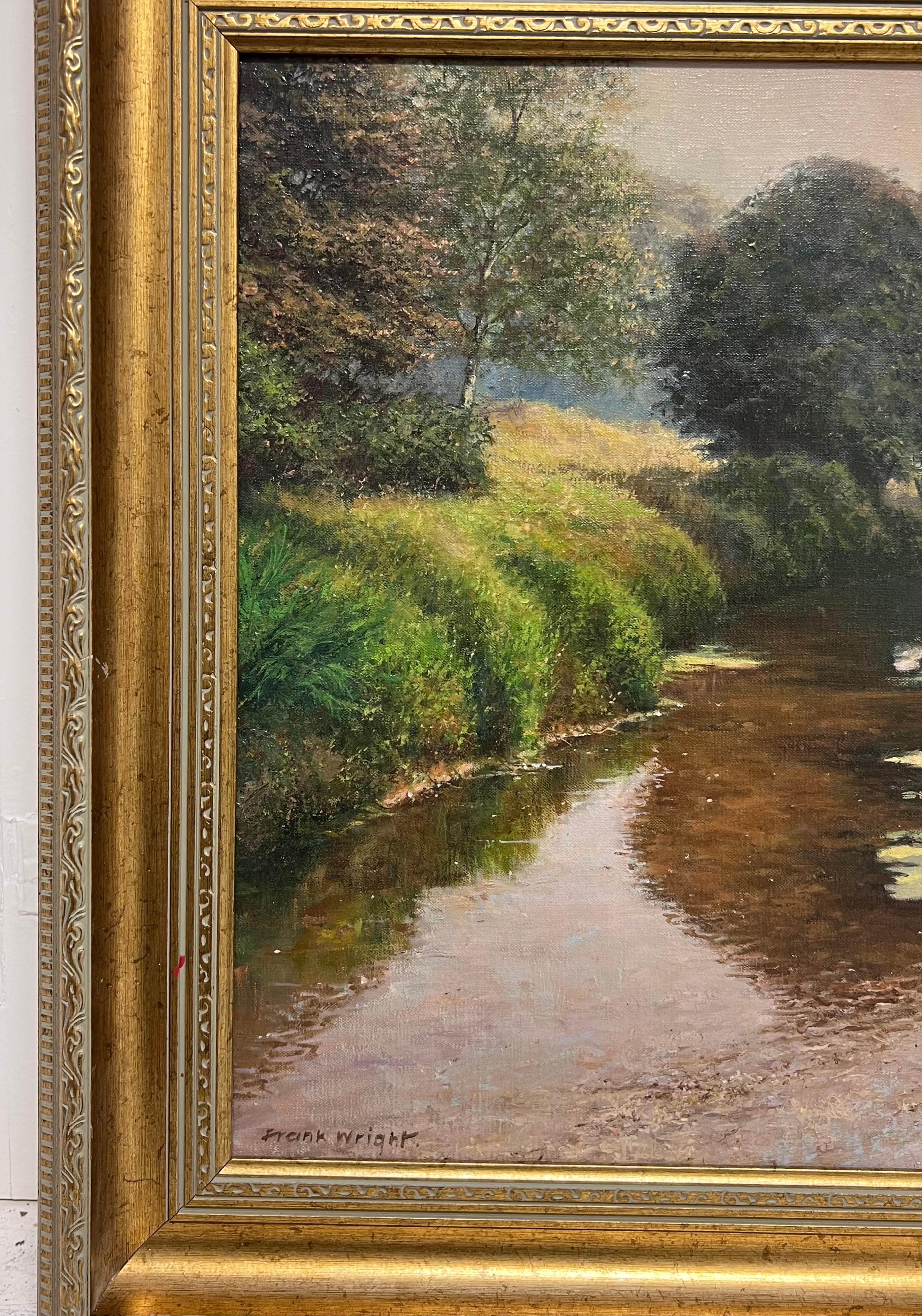 Fine English Impressionist Signed Oil Lovers on River Bank Dappled Light Fields For Sale 2