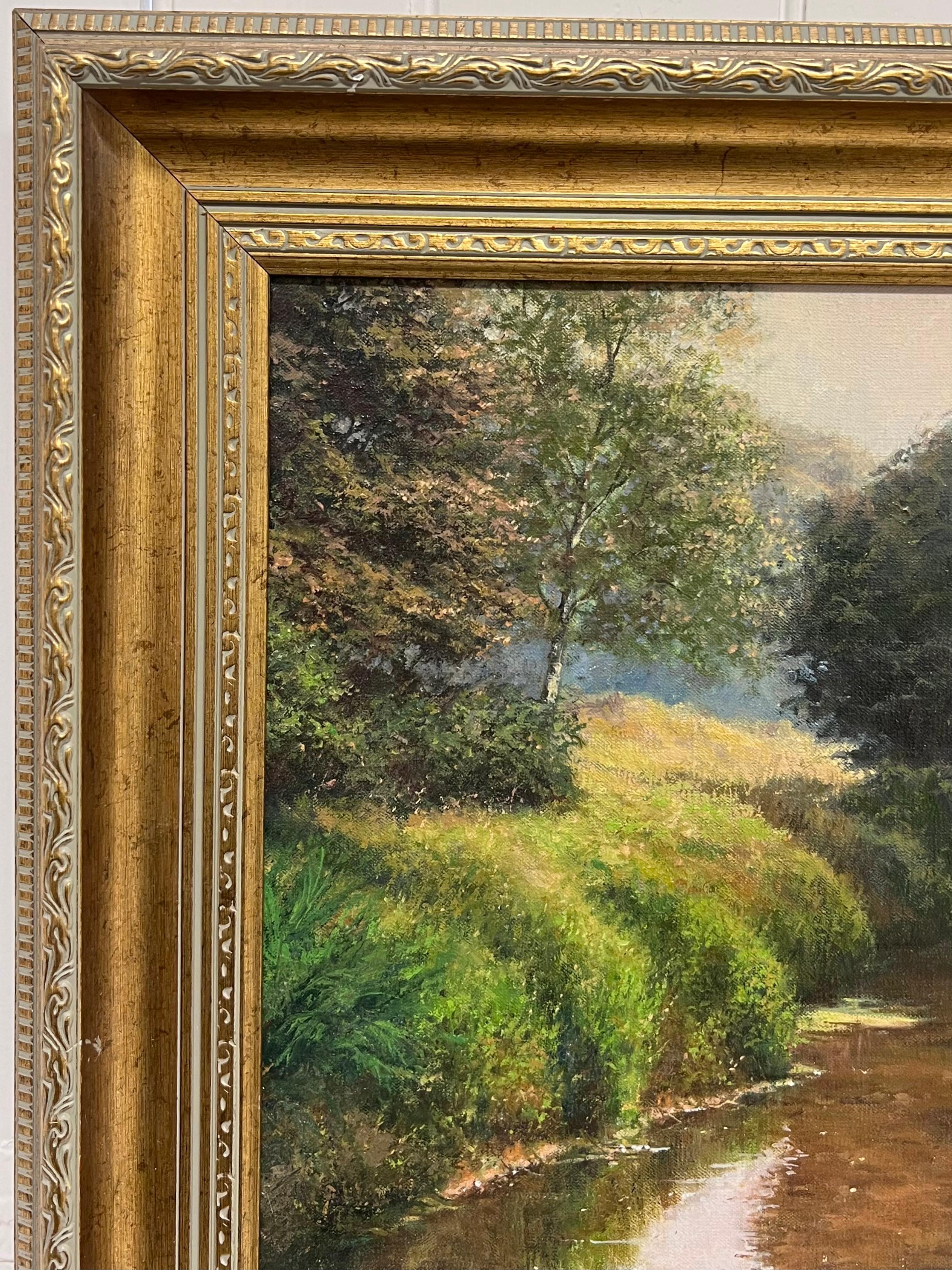 Fine English Impressionist Signed Oil Lovers on River Bank Dappled Light Fields For Sale 3
