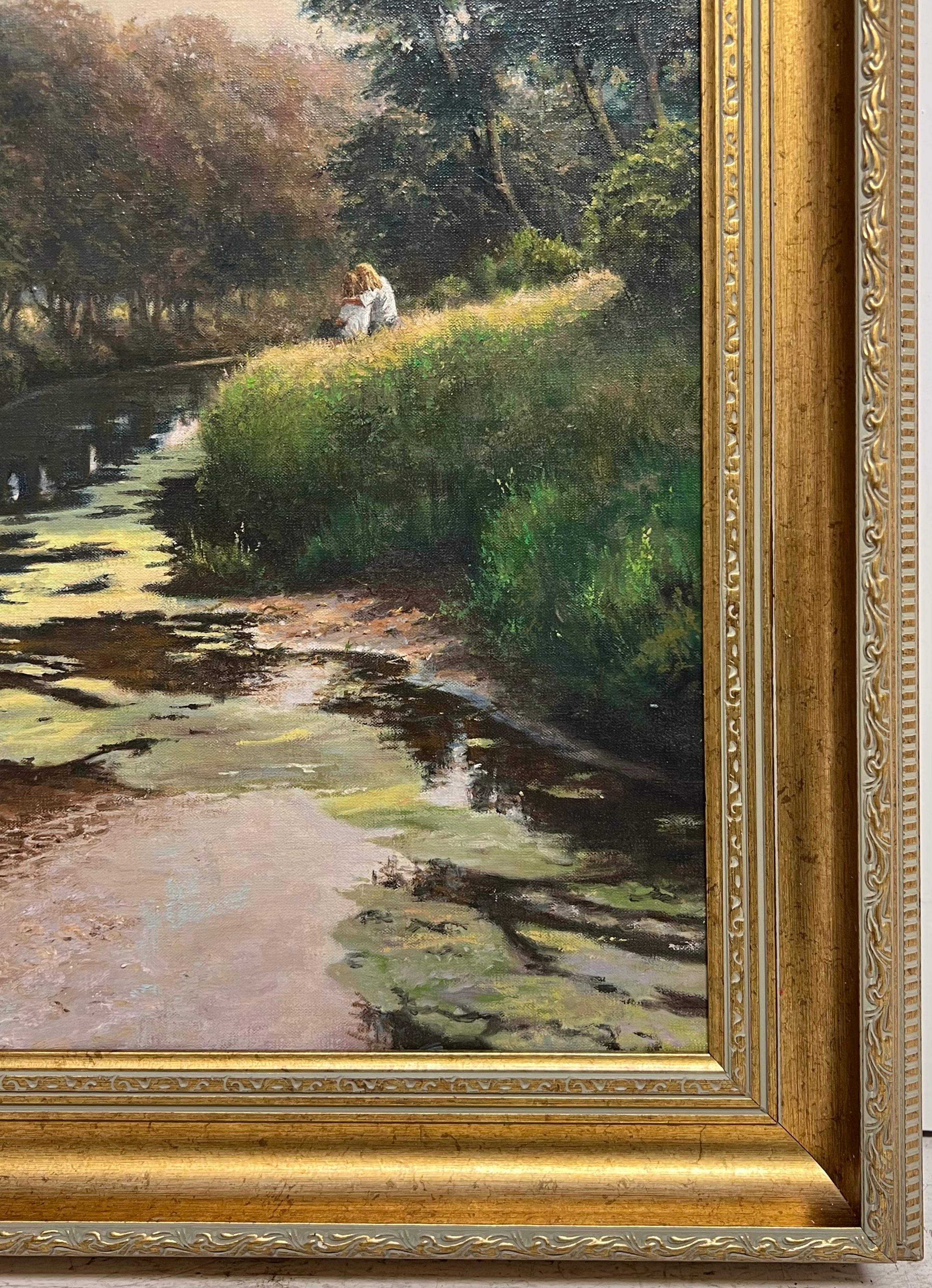 Fine English Impressionist Signed Oil Lovers on River Bank Dappled Light Fields For Sale 4