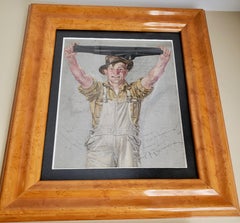 Farmer in Overalls Stretching a Black Sock, Interwoven Socks Advertisement