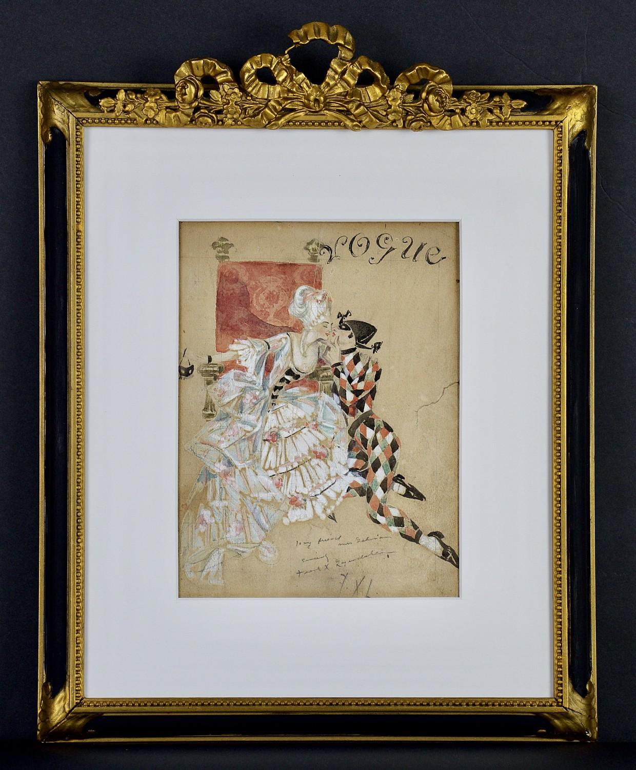Study for the cover of the November 15, 1912 issue of Vogue magazine

A figural work depicting lovers figures, the recumbent male costumed as a masked Harlequin clown, the female seated on a throne and dressed as an aristocratic lady of the 18th