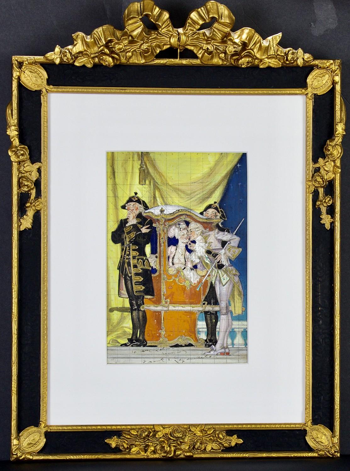 Study for an unidentified magazine cover.

A figural work depicting one female and three male figures, the recumbent female seated in a palanquin litter chair, her male lover kissing her from the exterior with two additional male attendant figures,