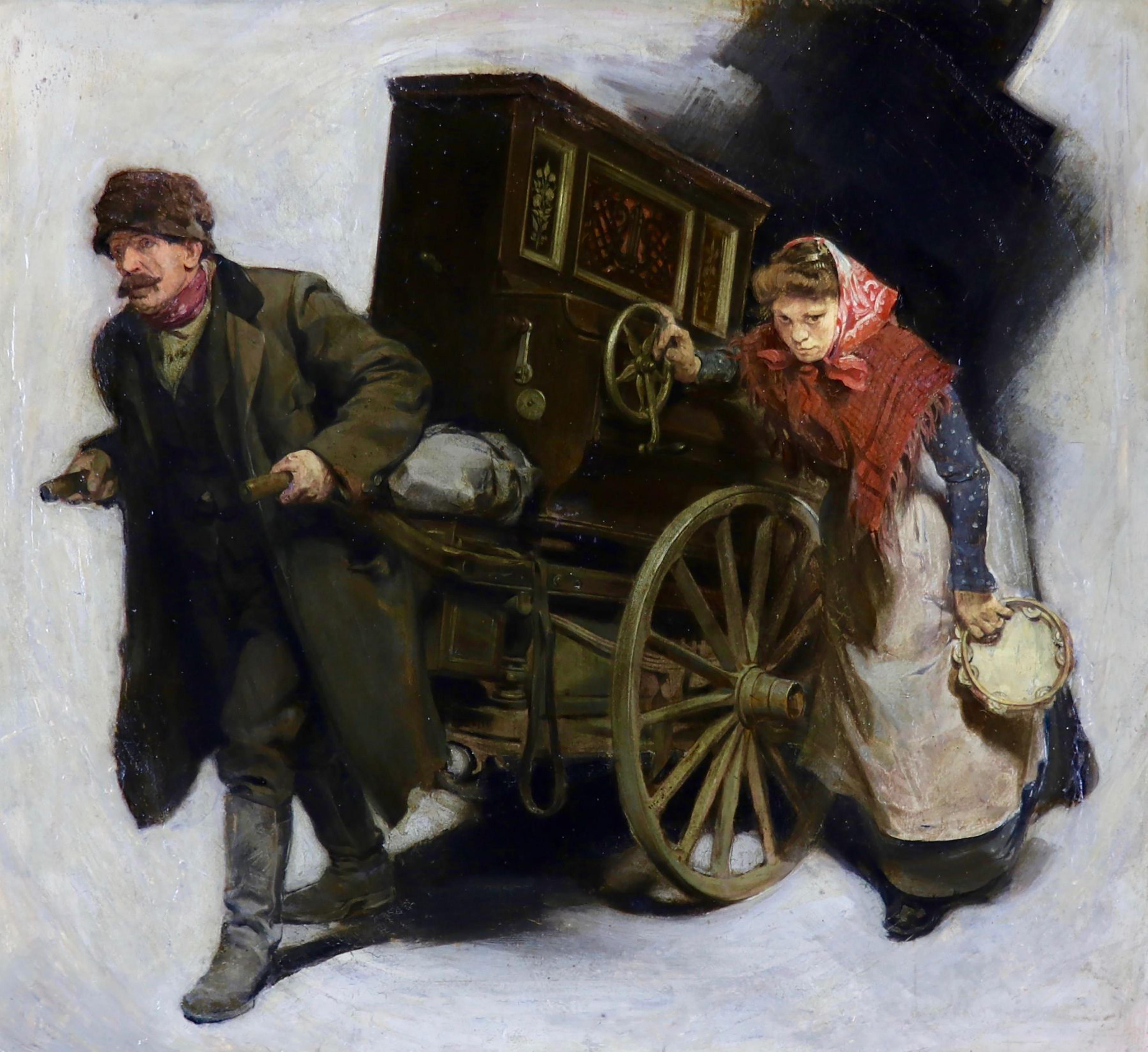 Frank Xavier Leyendecker Figurative Painting - The Organ Grinder, Collier's Magazine, April 25th, 1905