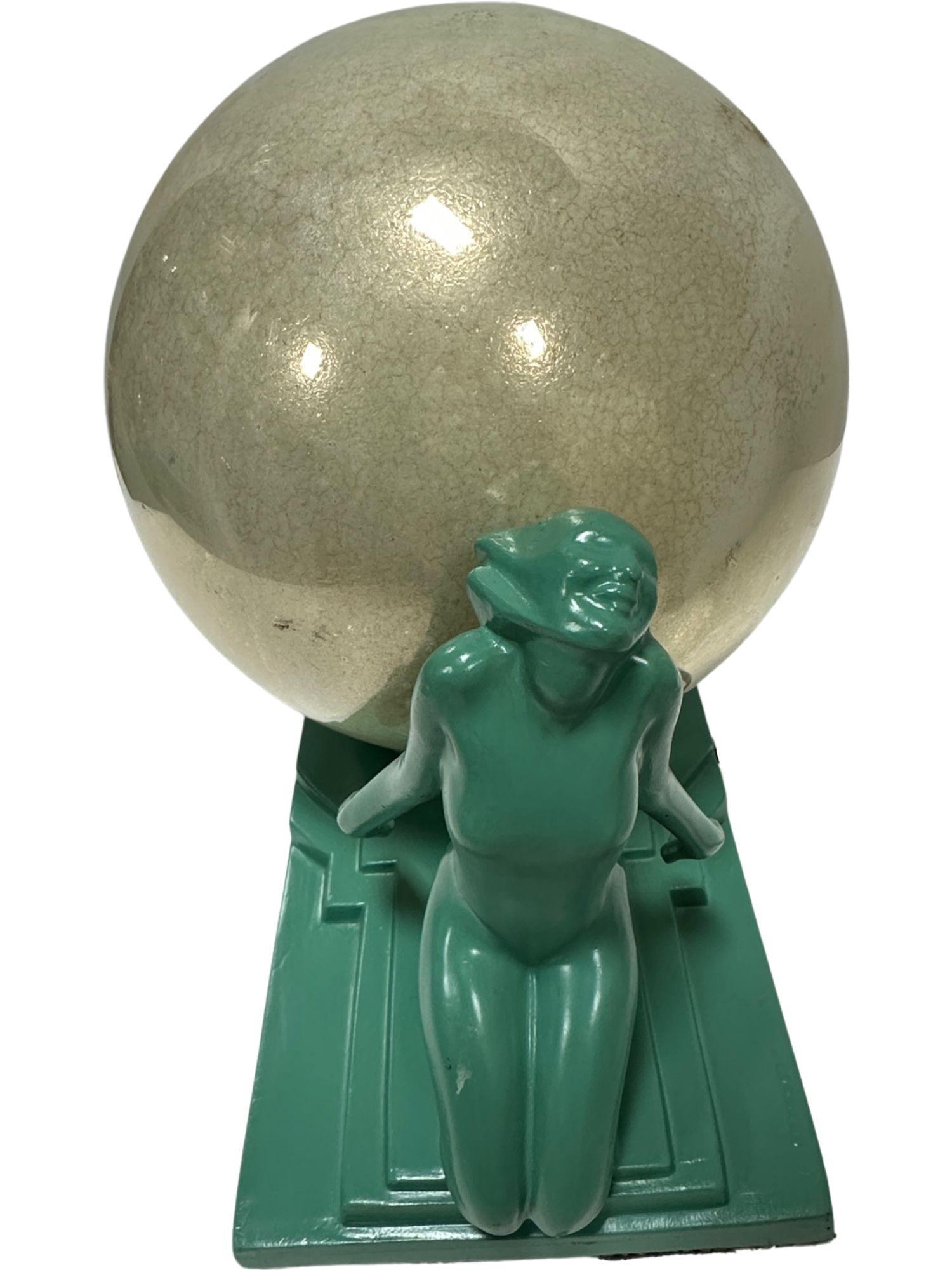 Metal Frankart Art Deco Nude Female Figurals with 1920s Mercury Glass Globe For Sale