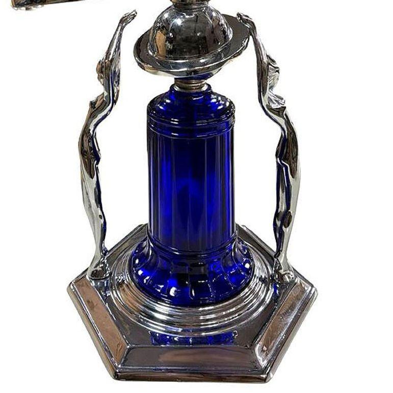 Chrome Lampe figurative de style Art déco de l'époque Frankart chromée et cobalt avec abat-jour en verre Vivian en vente