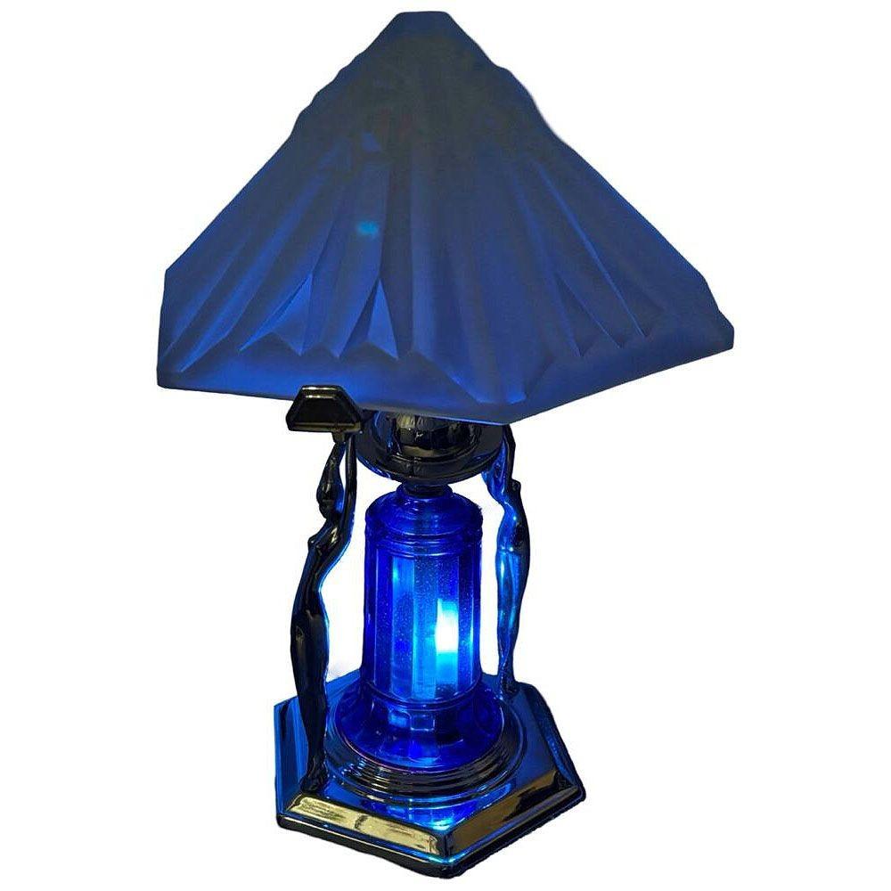 Lampe figurative de style Art déco de l'époque Frankart chromée et cobalt avec abat-jour en verre Vivian en vente 1