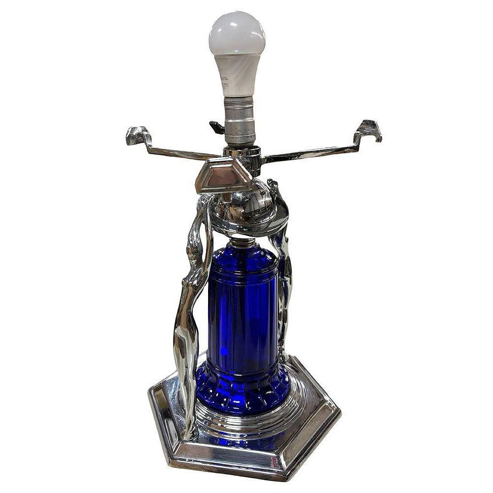 Lampe figurative de style Art déco de l'époque Frankart chromée et cobalt avec abat-jour en verre Vivian en vente 1