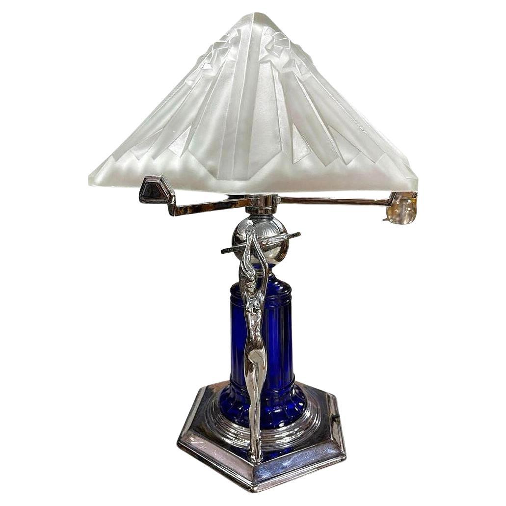 Frankart Era Art Deco Style Chrome & Cobalt Figural Lamp w/ Vivian Glass Shade
