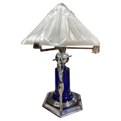 Frankart Era Art Deco Style Chrome & Cobalt Figural Lamp w/ Vivian Glass Shade