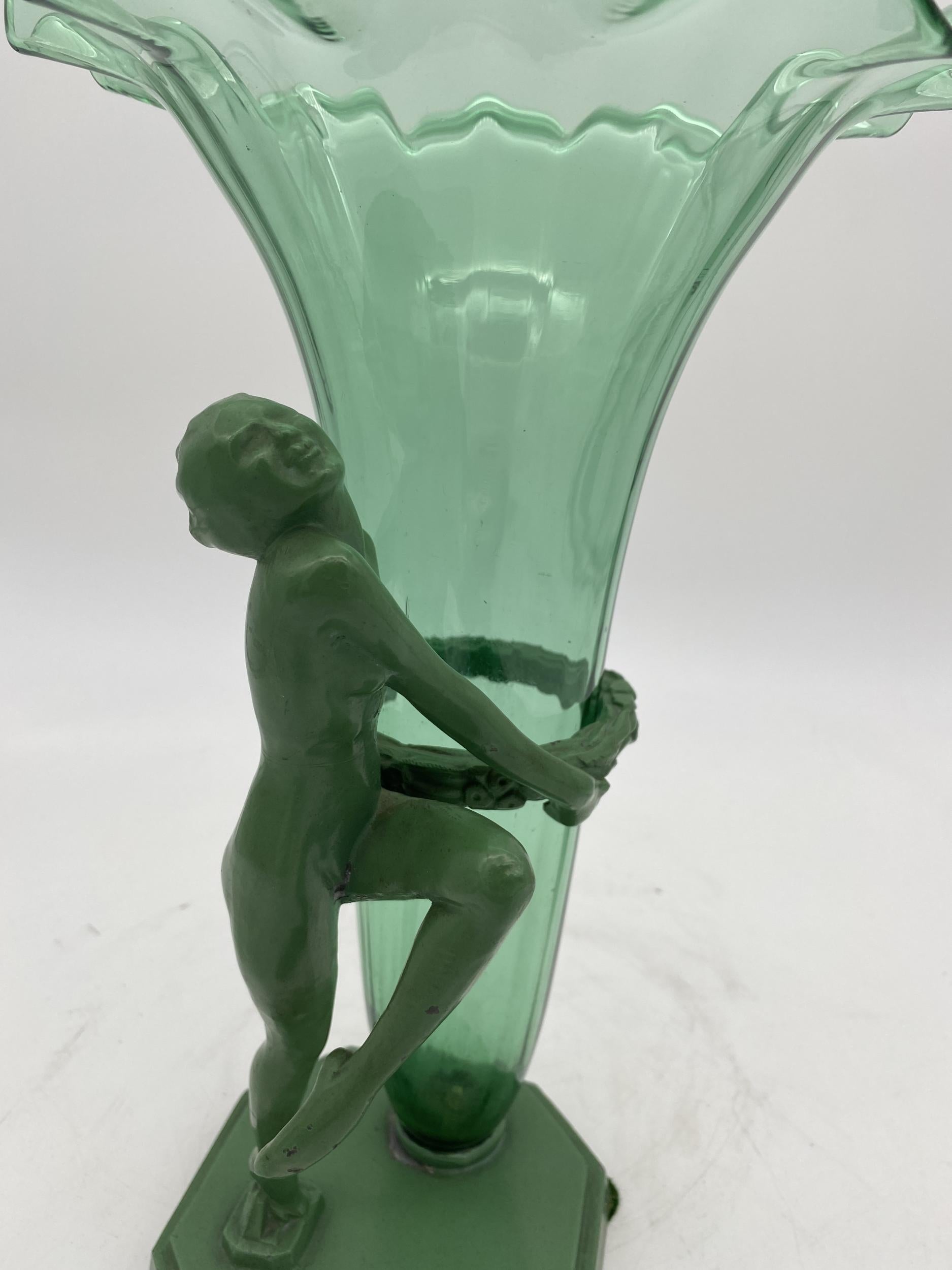 American Frankart F612 Nude Flapper Art Deco Vase with Steuben Glass Insert, Circa 1927