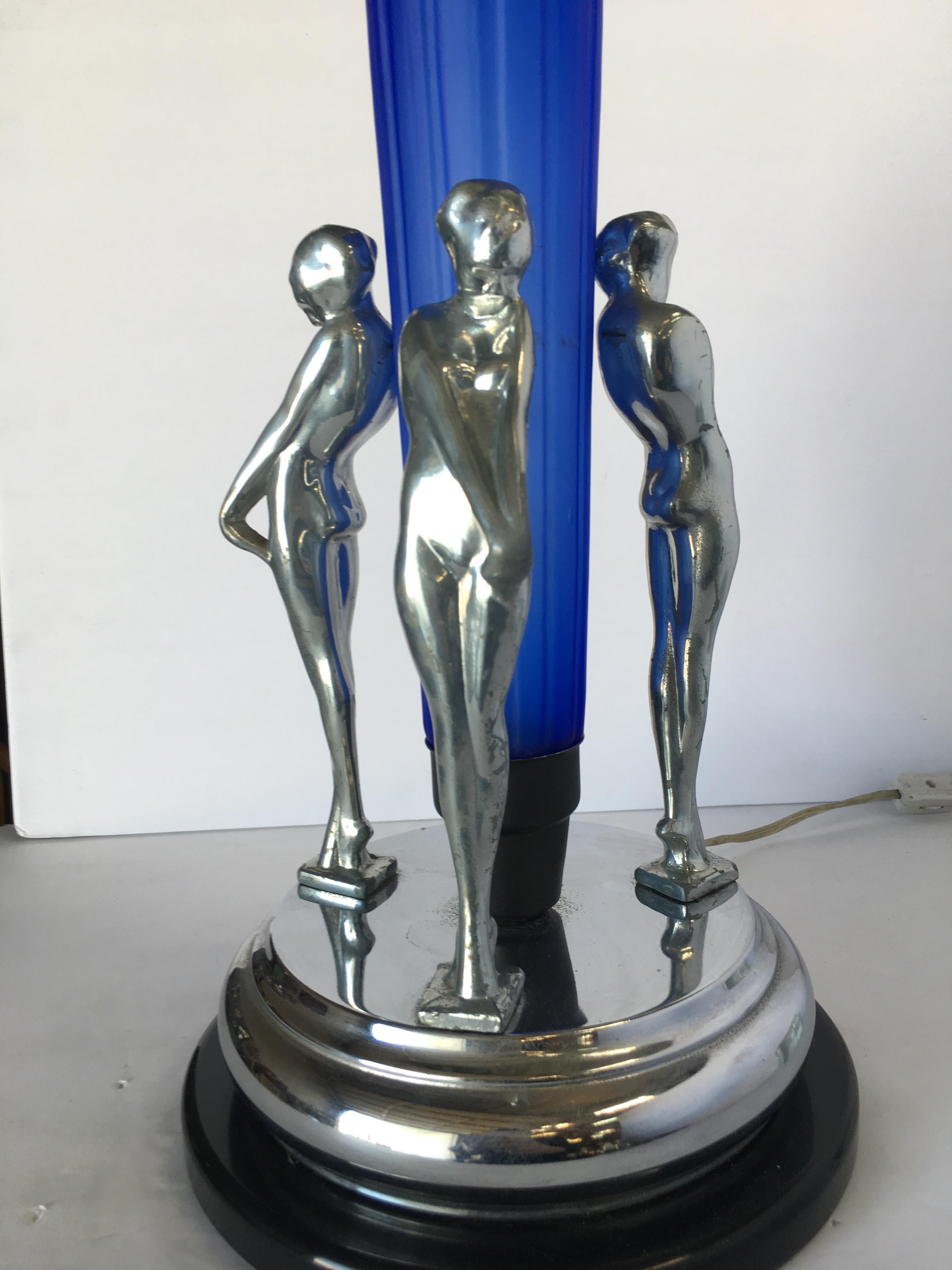 Frankart Inspired Chrome Nude Female Table Lamp with Cobalt Shade 5