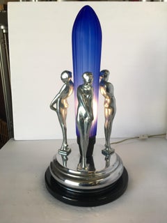 Frankart Inspired Chrome Nude Female Table Lamp with Cobalt Shade