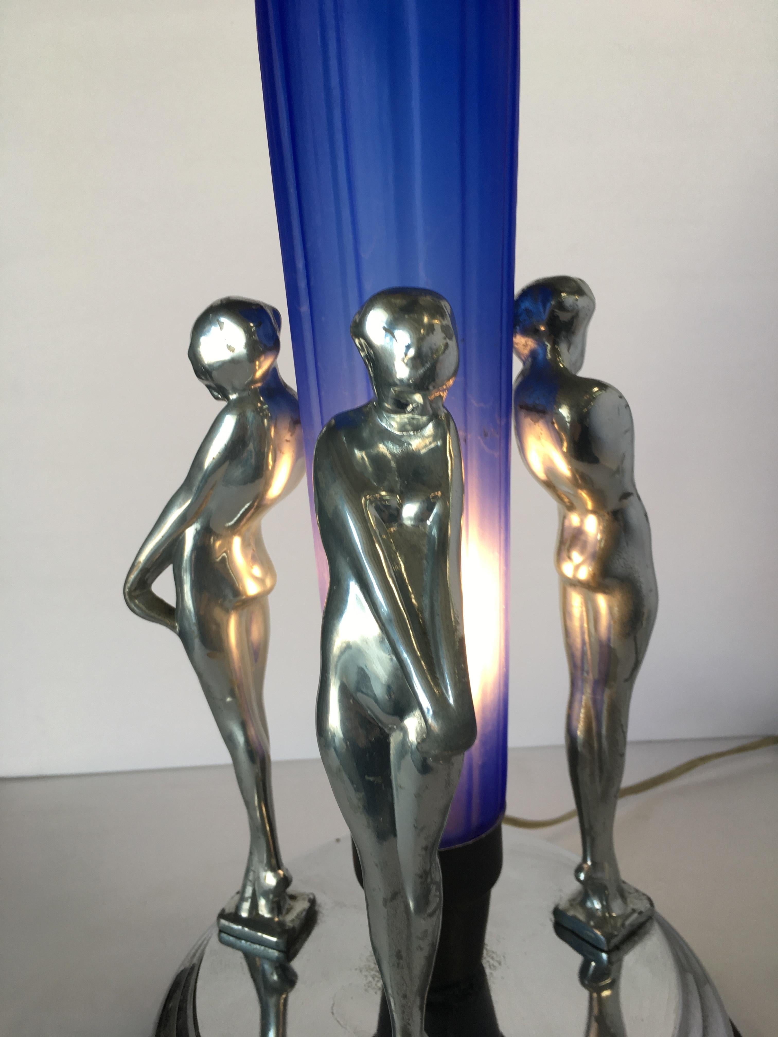 American Frankart Inspired Chrome Nude Female Table Lamp with Cobalt Shade