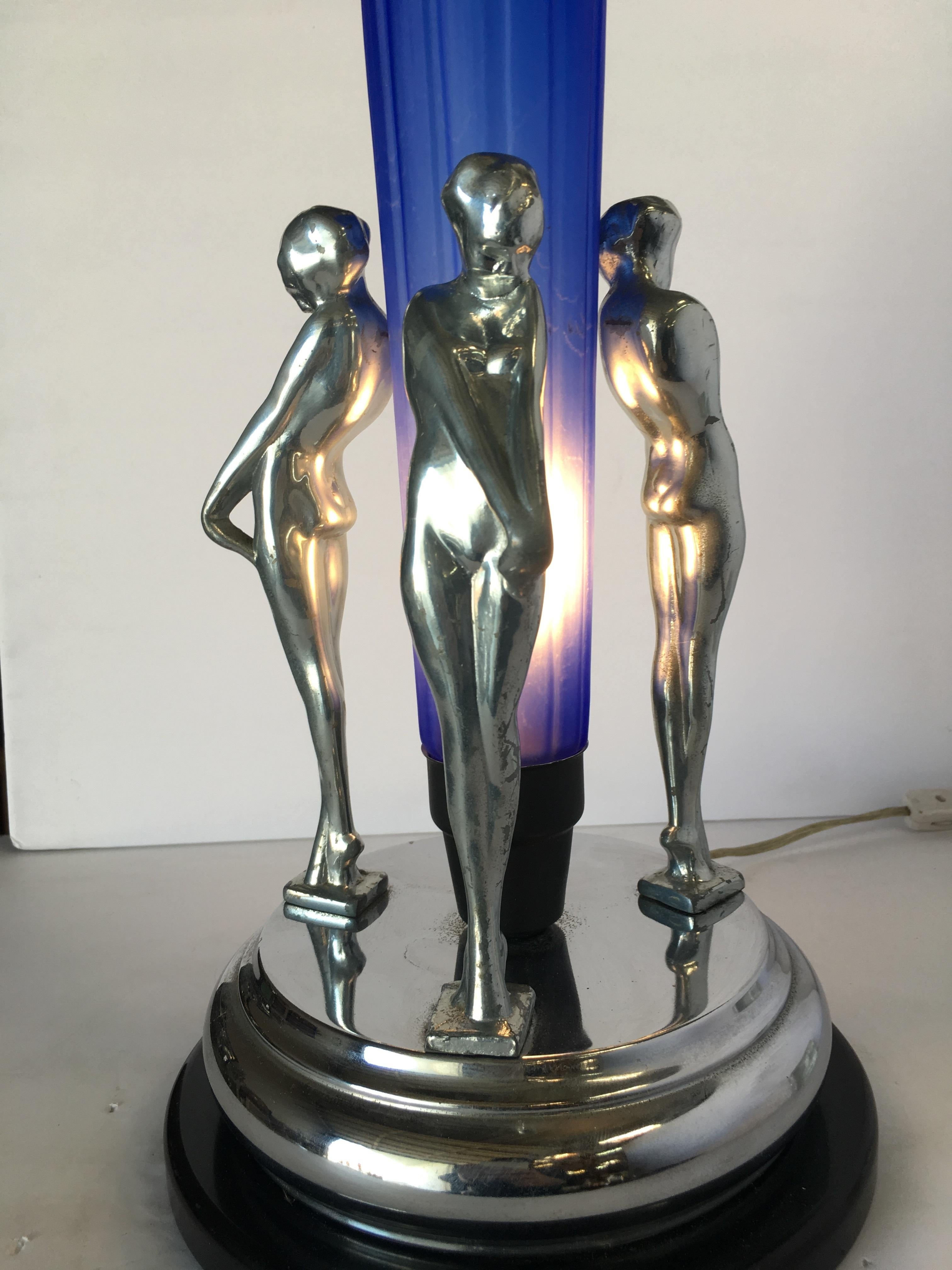 Frankart Inspired Chrome Nude Female Table Lamp with Cobalt Shade In Excellent Condition In Van Nuys, CA