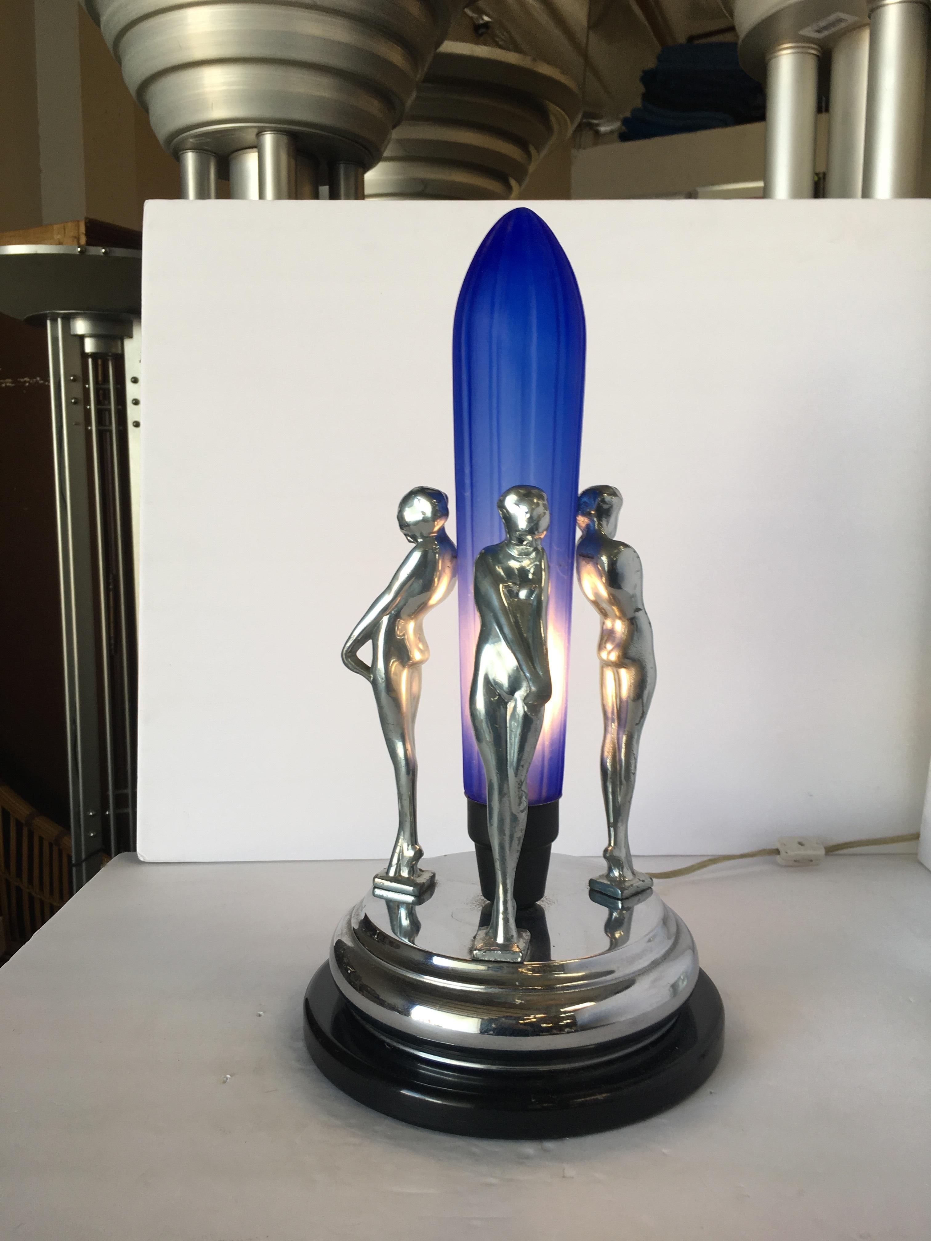 Frankart Inspired Chrome Nude Female Table Lamp with Cobalt Shade 1