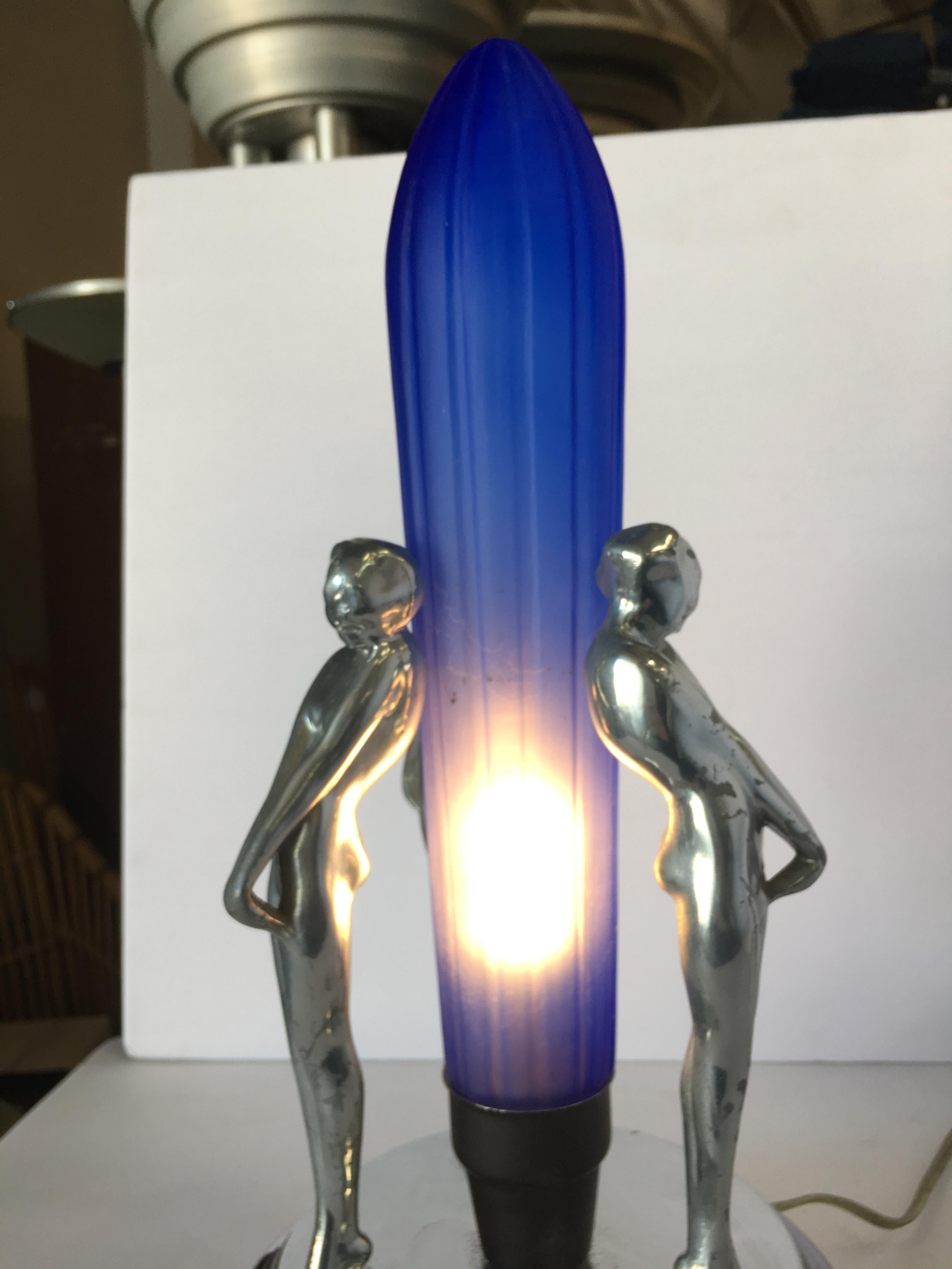 Frankart Inspired Chrome Nude Female Table Lamp with Cobalt Shade 3